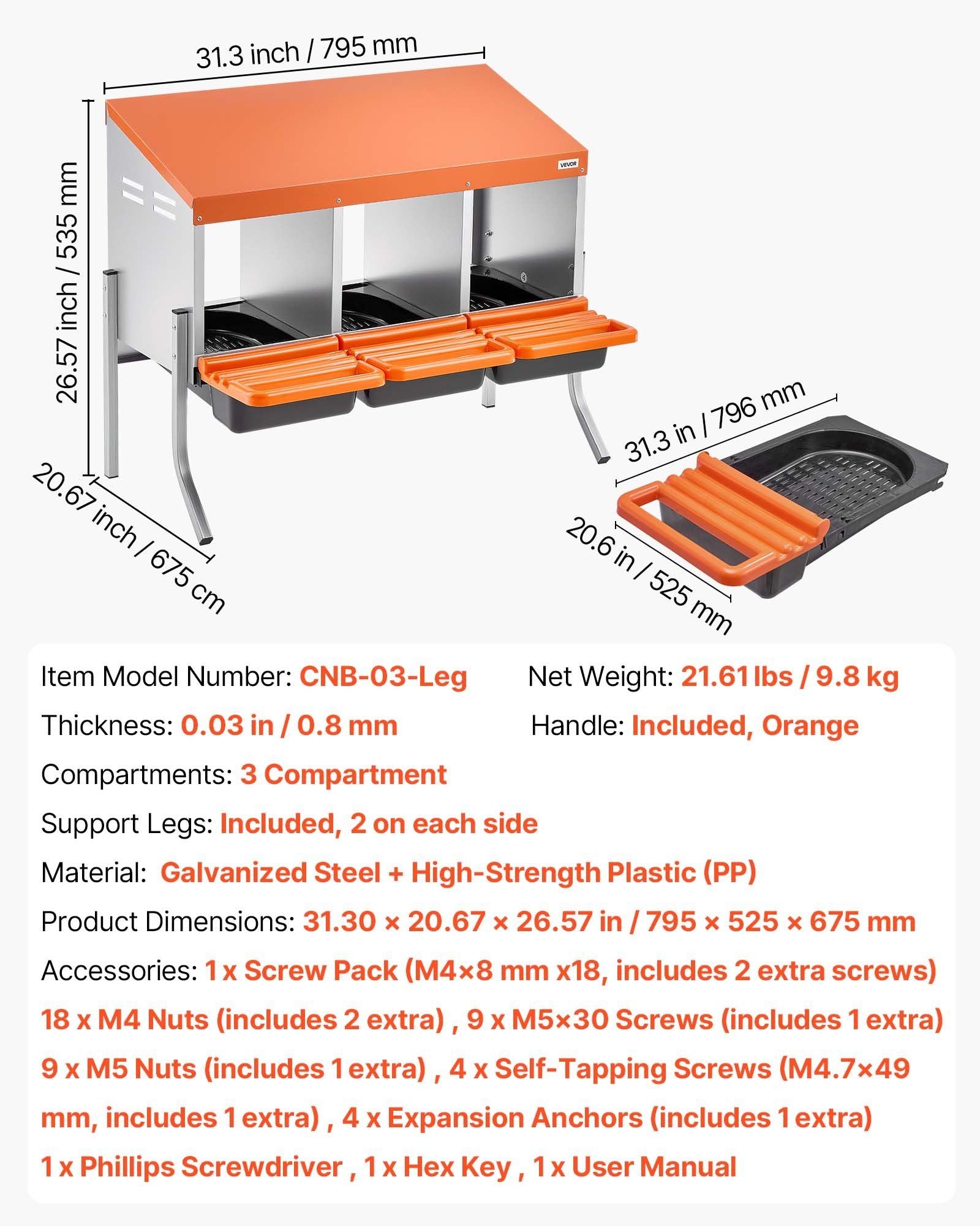 Chicken Nesting Boxes, 3 Compartments, with Support Legs, Easy Egg Collection, Galvanized Steel and V952-JSCDXJS3GJ26OS4A9001V0
