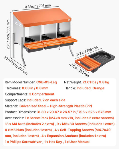 Chicken Nesting Boxes, 3 Compartments, with Support Legs, Easy Egg Collection, Galvanized Steel and V952-JSCDXJS3GJ26OS4A9001V0