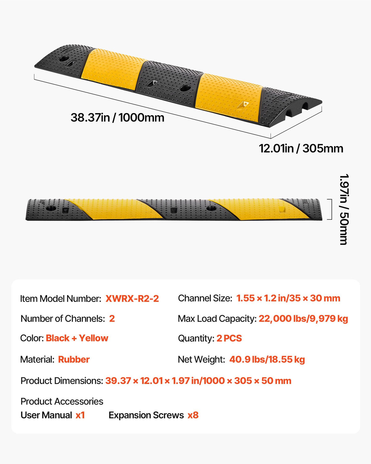 1000MM Rubber Speed Bump, 2 Pack, 2 Channel Heavy Duty Traffic Speed Hump, 9,979 kg/Axle Load Capacity, Cable V952-JSDDLBHPDDK2SDET4001V0