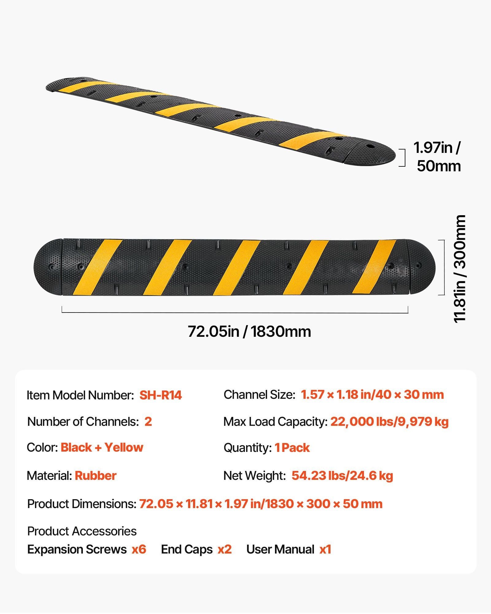 1830MM Rubber Speed Bump, 2 Channel, Heavy Duty Traffic Speed Hump, 9,979 kg/axle Load Capacity, Cable V952-JSDDLBHPDZK1UBYXX001V0