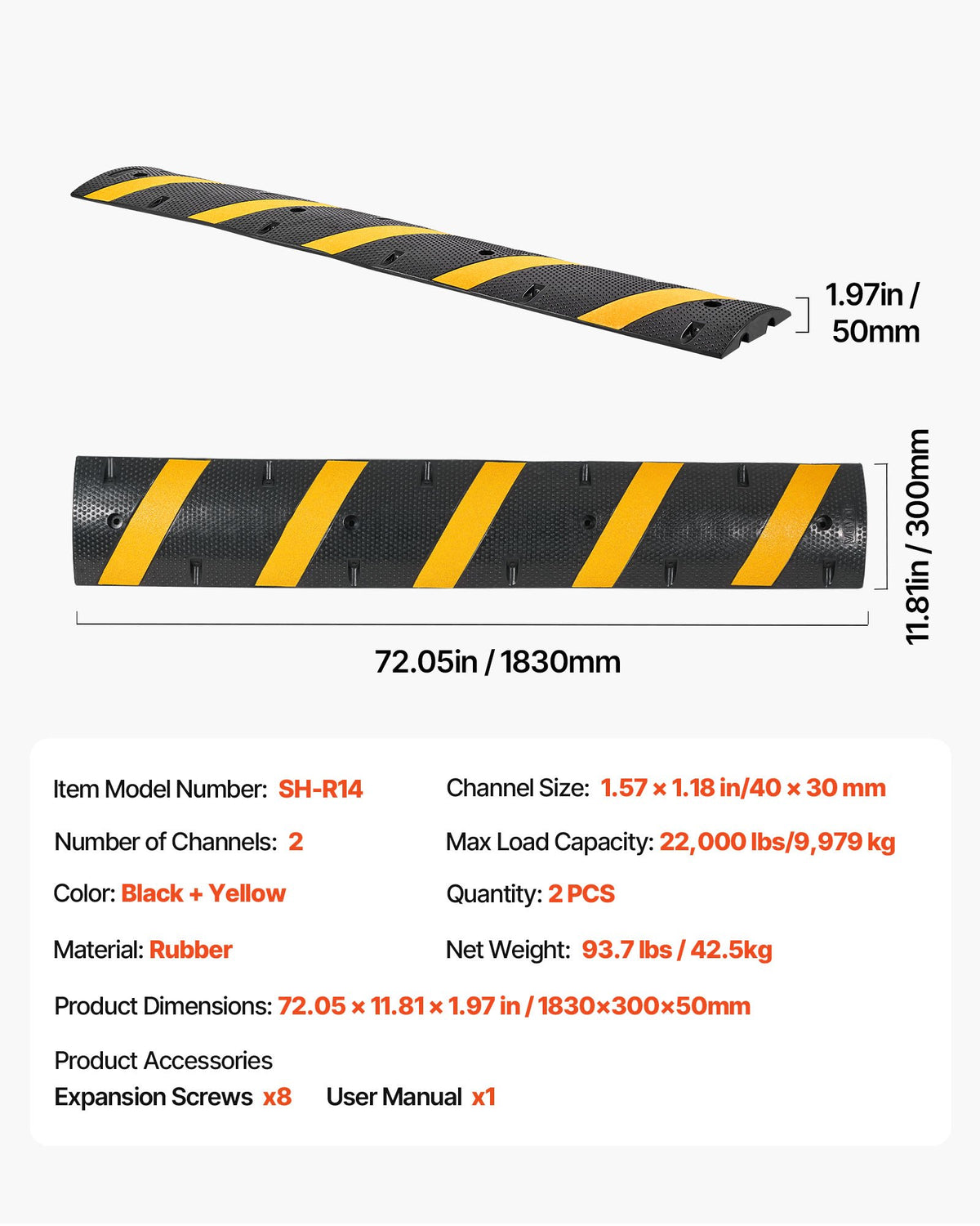 1830MM Rubber Speed Bump, 2 Pack, 2 Channel Heavy Duty Traffic Speed Hump, 9,979 kg/Axle Load Capacity, Cable V952-JSDDLBHPDZK2UP77S001V0