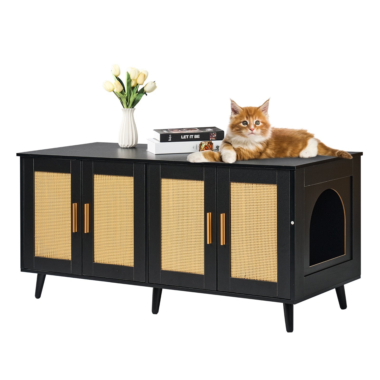 Cat Litter Box Enclosure Wooden Litter Box Furniture Hidden 2 Rooms Black V952-JSDMMSPWQ472J3GQVV0