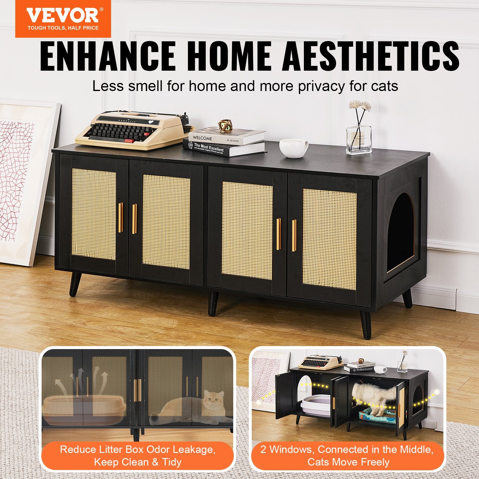 Cat Litter Box Enclosure Wooden Litter Box Furniture Hidden 2 Rooms Black V952-JSDMMSPWQ472J3GQVV0