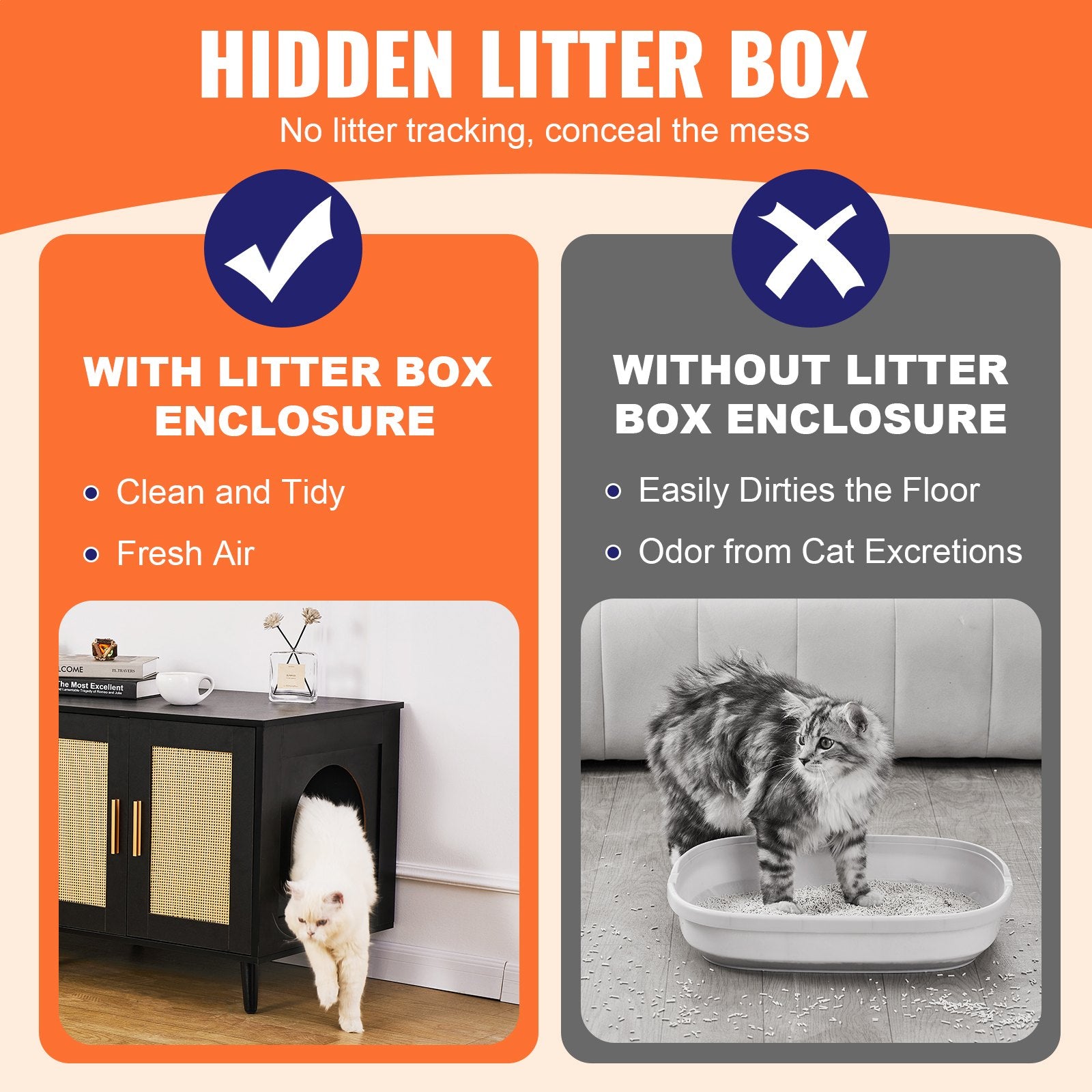Cat Litter Box Enclosure Wooden Litter Box Furniture Hidden 2 Rooms Black V952-JSDMMSPWQ472J3GQVV0