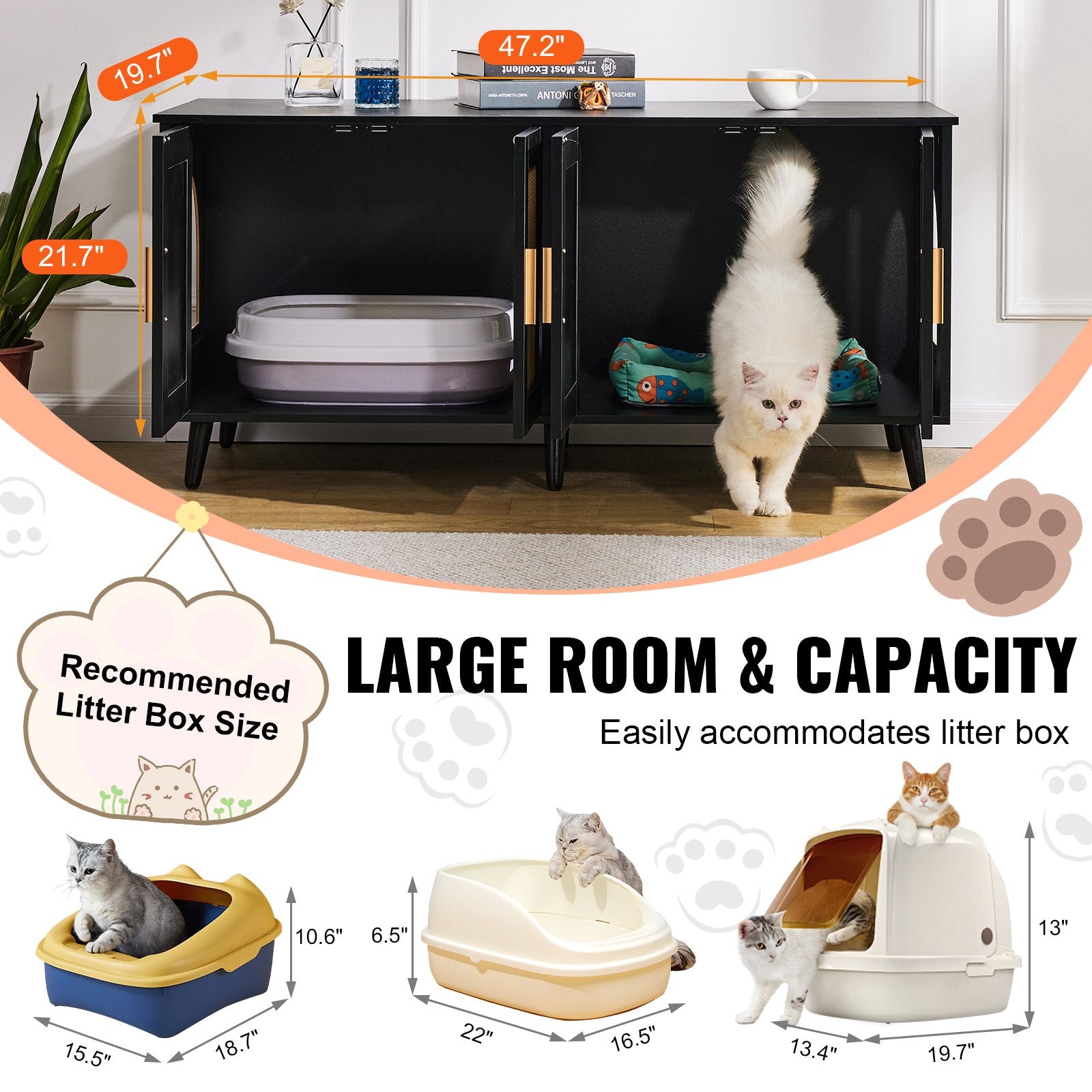 Cat Litter Box Enclosure Wooden Litter Box Furniture Hidden 2 Rooms Black V952-JSDMMSPWQ472J3GQVV0