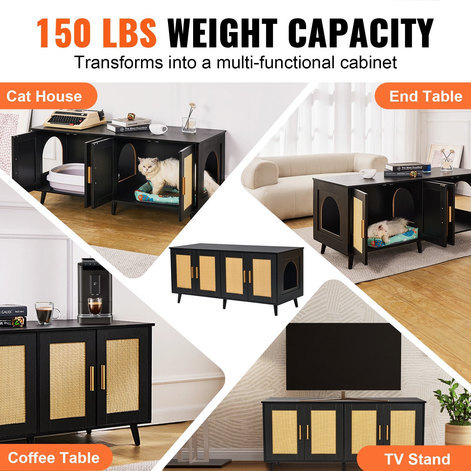 Cat Litter Box Enclosure Wooden Litter Box Furniture Hidden 2 Rooms Black V952-JSDMMSPWQ472J3GQVV0