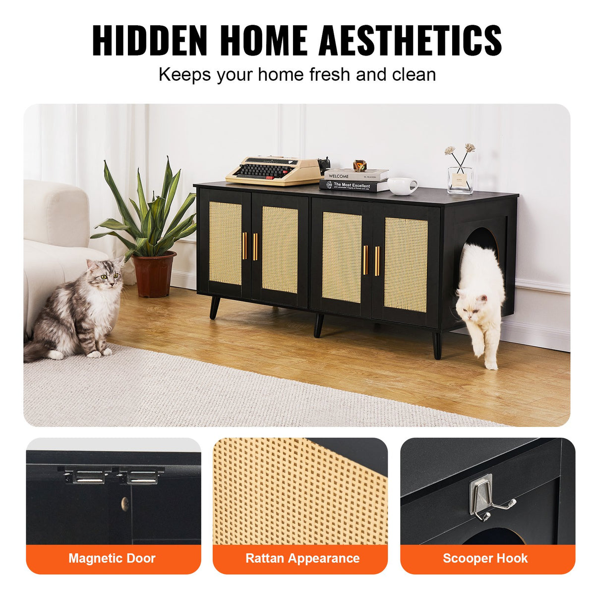 Cat Litter Box Enclosure Wooden Litter Box Furniture Hidden 2 Rooms Black V952-JSDMMSPWQ472J3GQVV0
