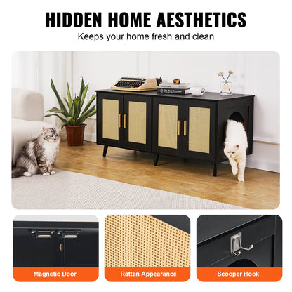 Cat Litter Box Enclosure Wooden Litter Box Furniture Hidden 2 Rooms Black V952-JSDMMSPWQ472J3GQVV0