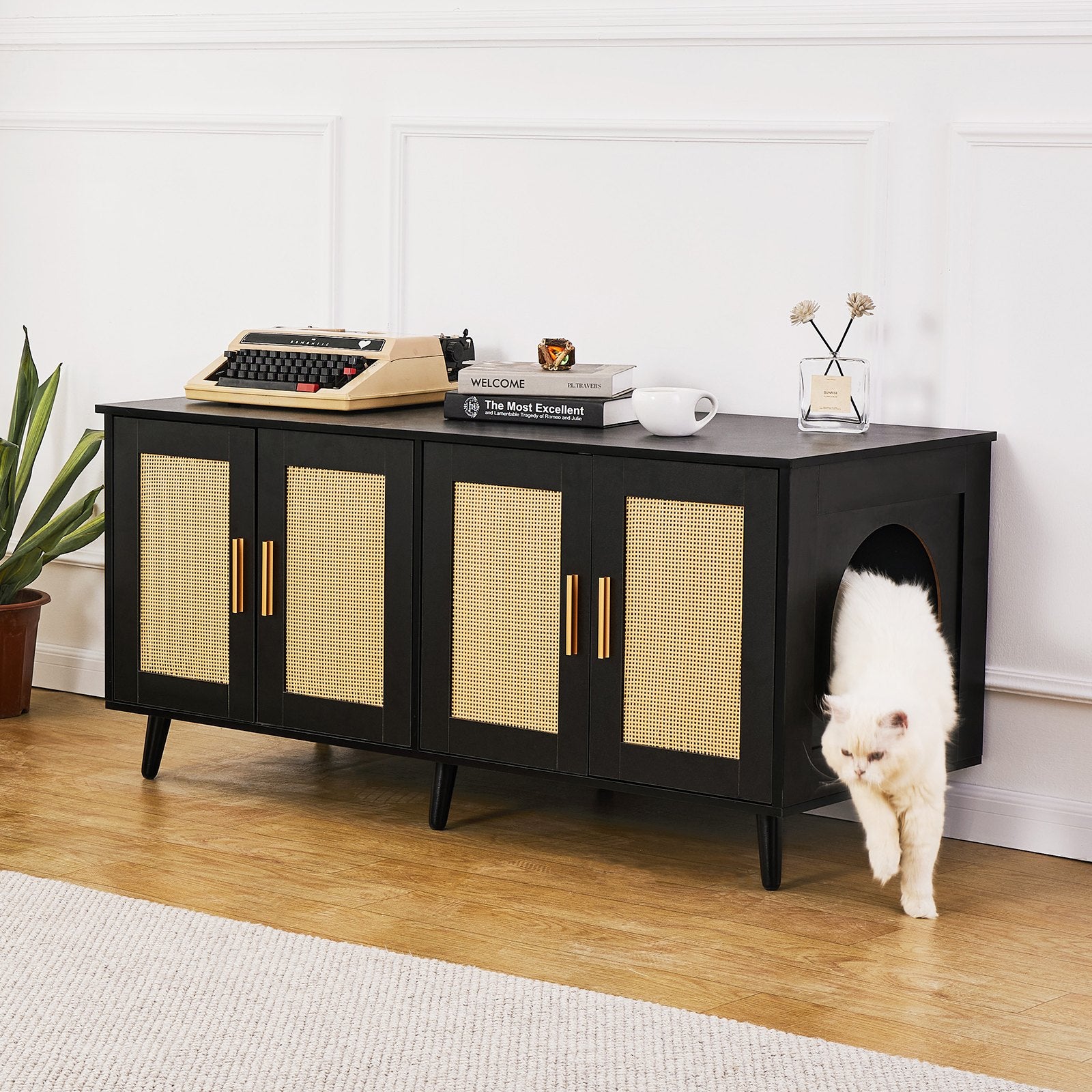 Cat Litter Box Enclosure Wooden Litter Box Furniture Hidden 2 Rooms Black V952-JSDMMSPWQ472J3GQVV0
