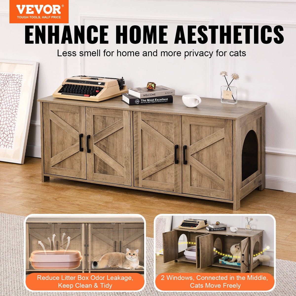 Cat Litter Box Enclosure Wooden Litter Box Furniture Hidden 2 Rooms Greige V952-JSDMMSPWQ472MXLF5V0