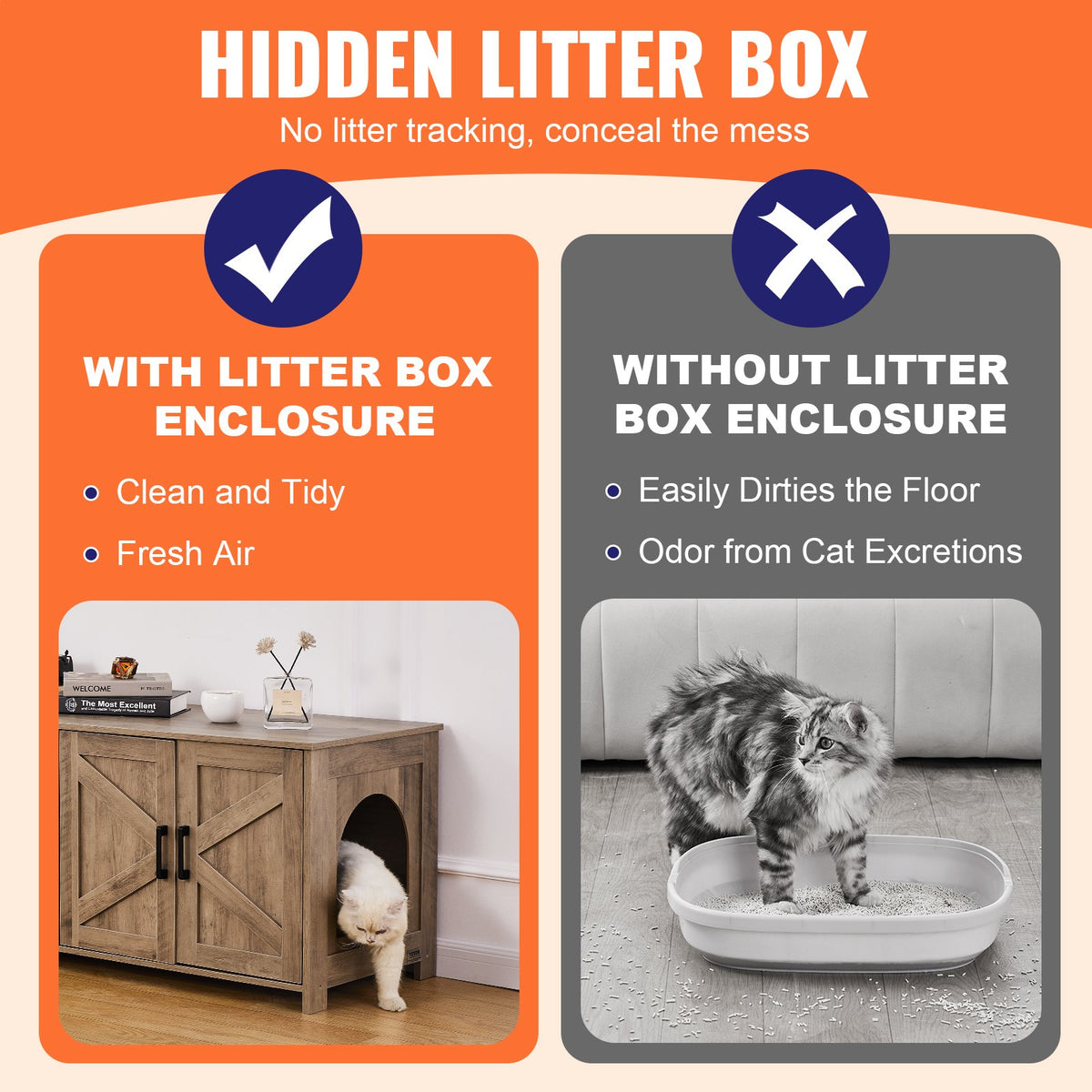 Cat Litter Box Enclosure Wooden Litter Box Furniture Hidden 2 Rooms Greige V952-JSDMMSPWQ472MXLF5V0