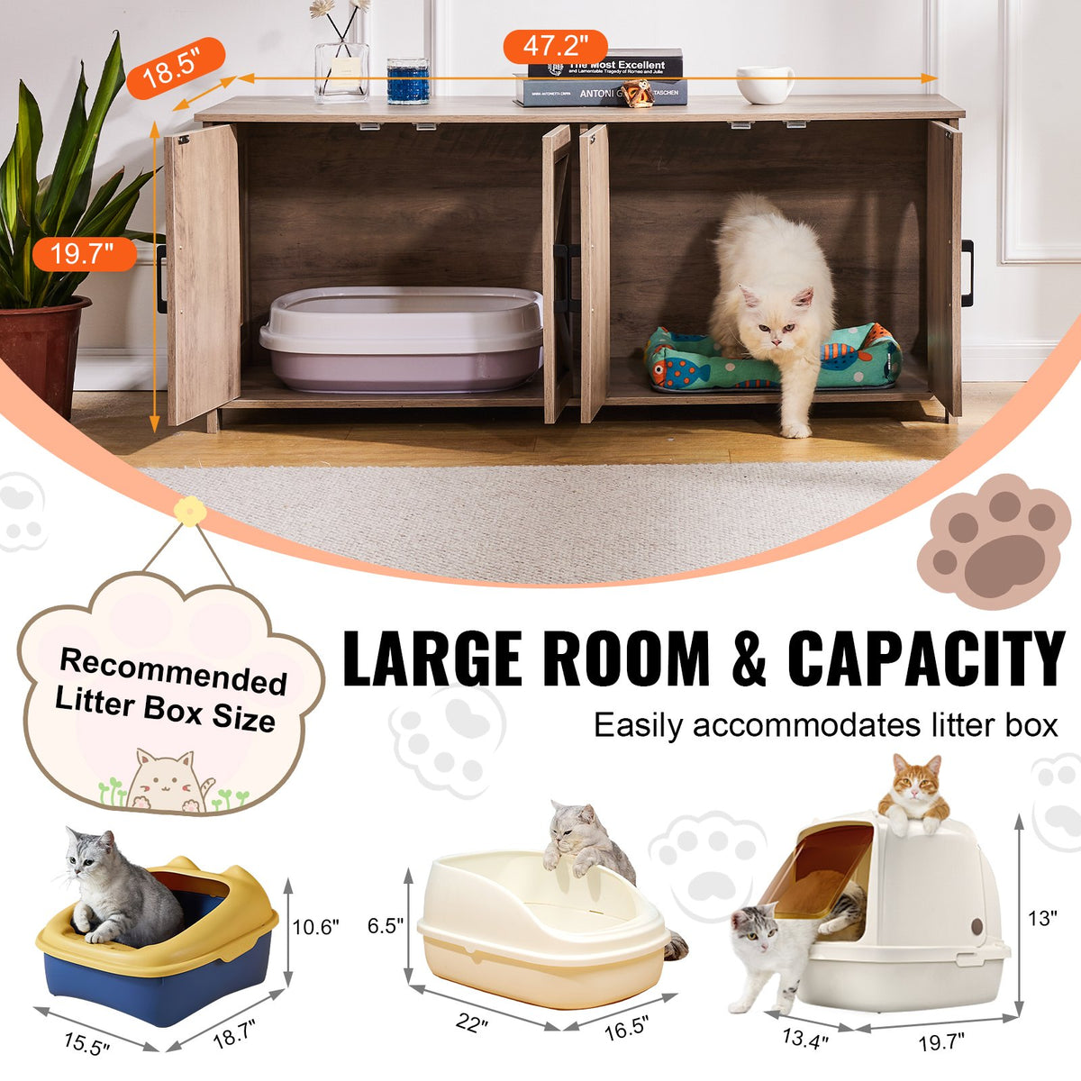 Cat Litter Box Enclosure Wooden Litter Box Furniture Hidden 2 Rooms Greige V952-JSDMMSPWQ472MXLF5V0