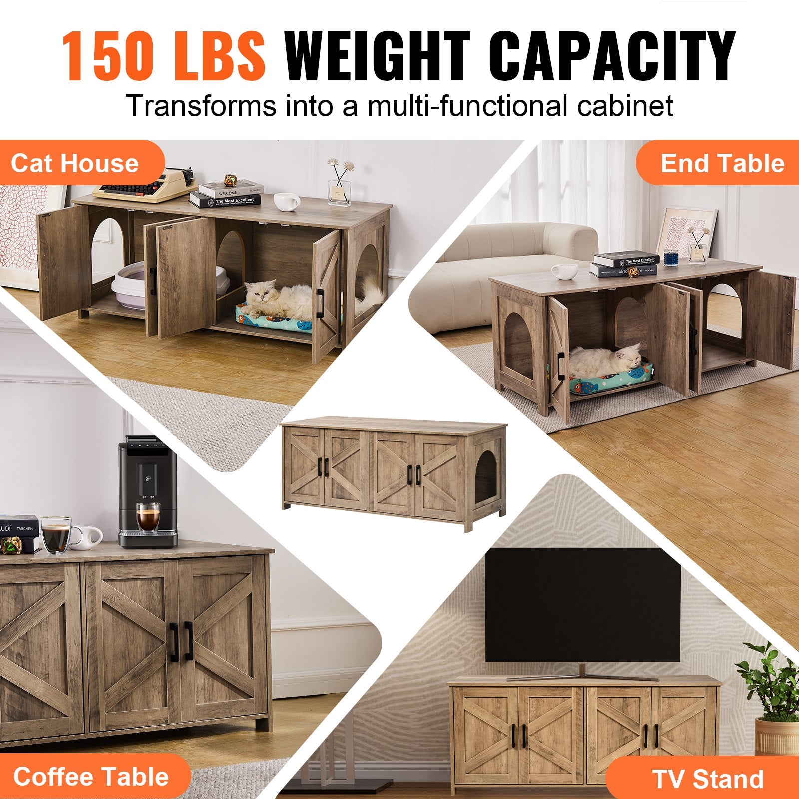 Cat Litter Box Enclosure Wooden Litter Box Furniture Hidden 2 Rooms Greige V952-JSDMMSPWQ472MXLF5V0