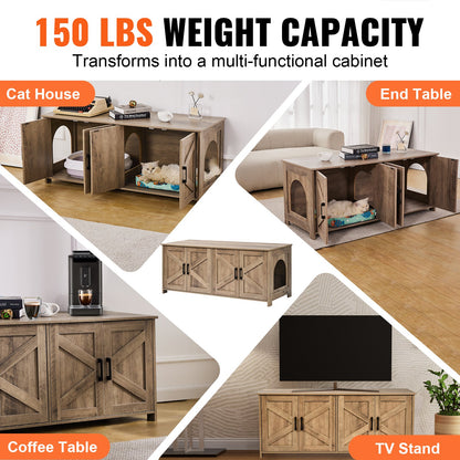 Cat Litter Box Enclosure Wooden Litter Box Furniture Hidden 2 Rooms Greige V952-JSDMMSPWQ472MXLF5V0