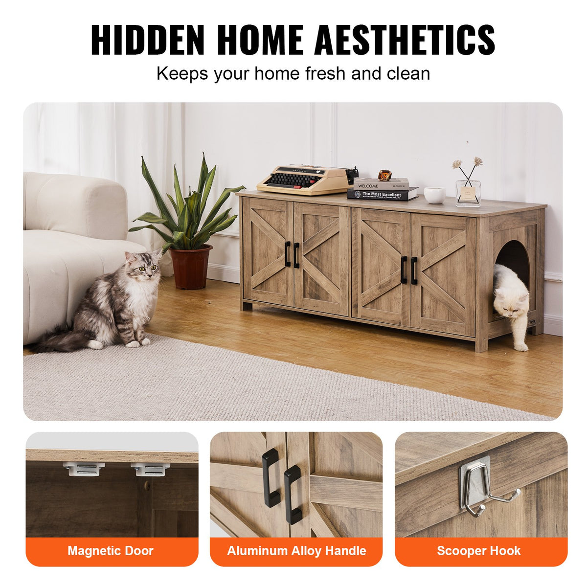 Cat Litter Box Enclosure Wooden Litter Box Furniture Hidden 2 Rooms Greige V952-JSDMMSPWQ472MXLF5V0