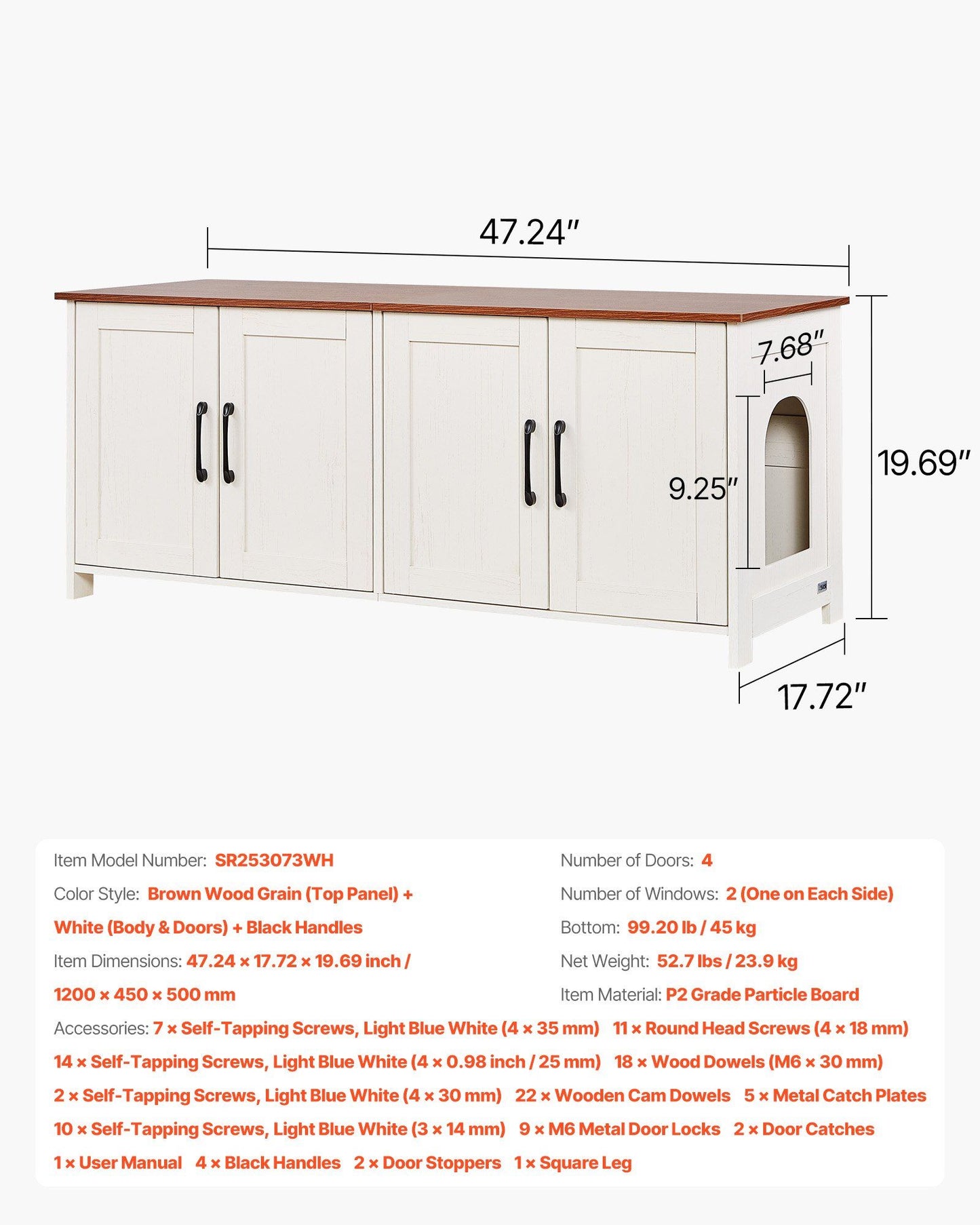 Cat Litter Box Enclosure for Multi Cats, 120 cm Hidden Litter Box Cabinet with 4 Doors & 2 Entries, Indoor V952-JSDMMSPWQ472Z9PLH002V0
