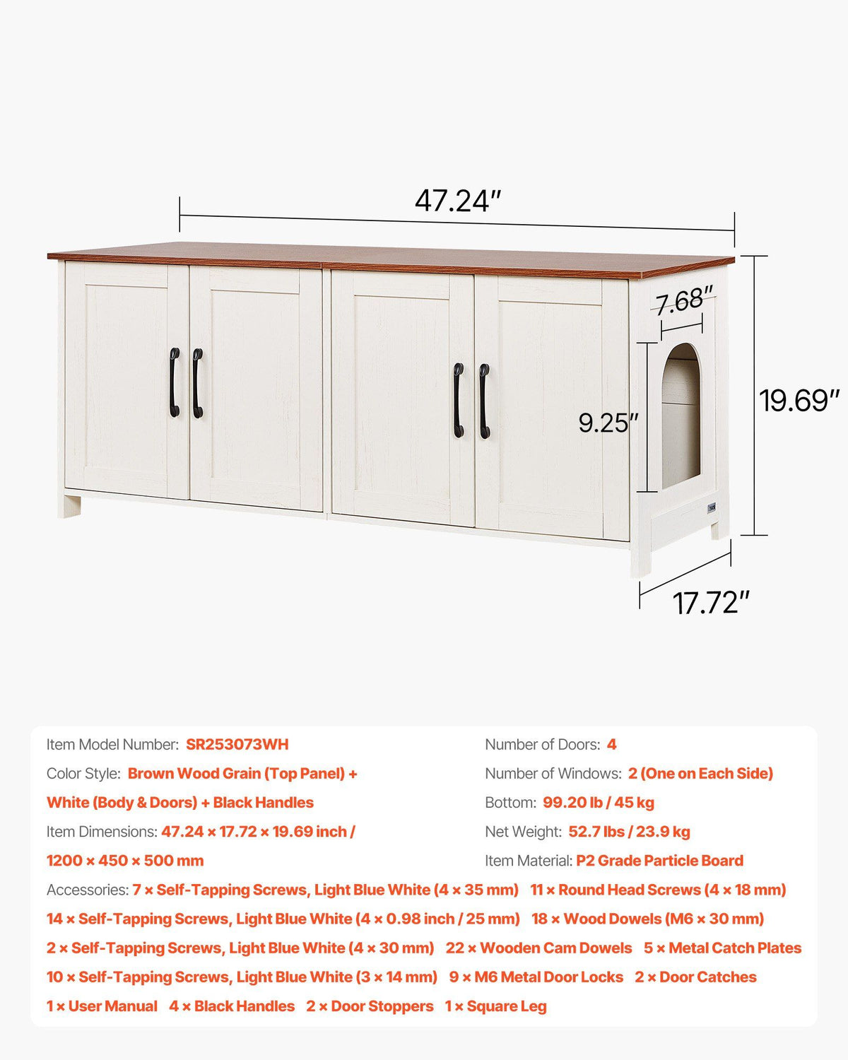 Cat Litter Box Enclosure for Multi Cats, 120 cm Hidden Litter Box Cabinet with 4 Doors & 2 Entries, Indoor V952-JSDMMSPWQ472Z9PLH002V0