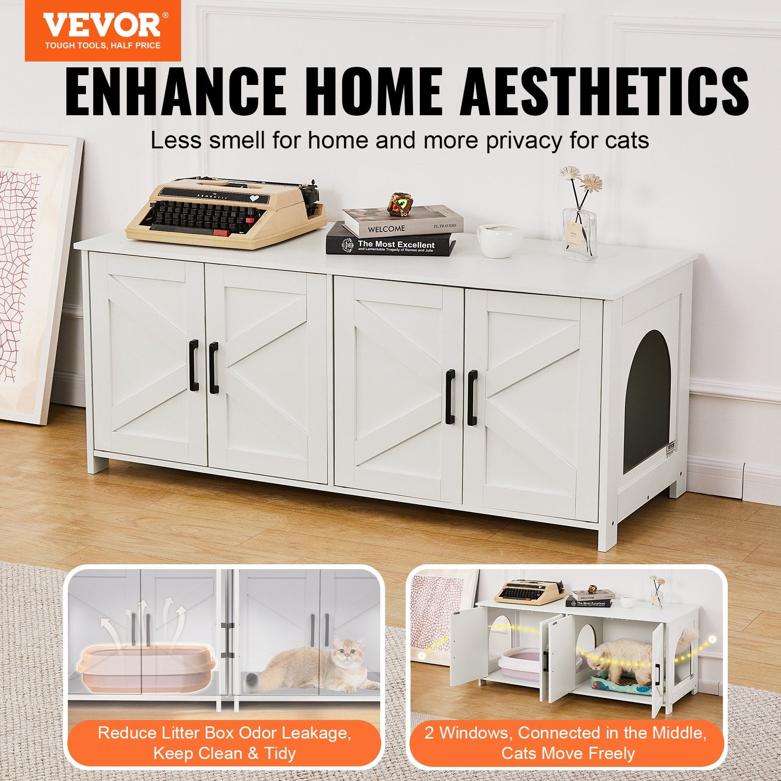 Cat Litter Box Enclosure Wooden Litter Box Furniture Hidden 2 Rooms White V952-JSDMMSPWQ472Z9PLHV0