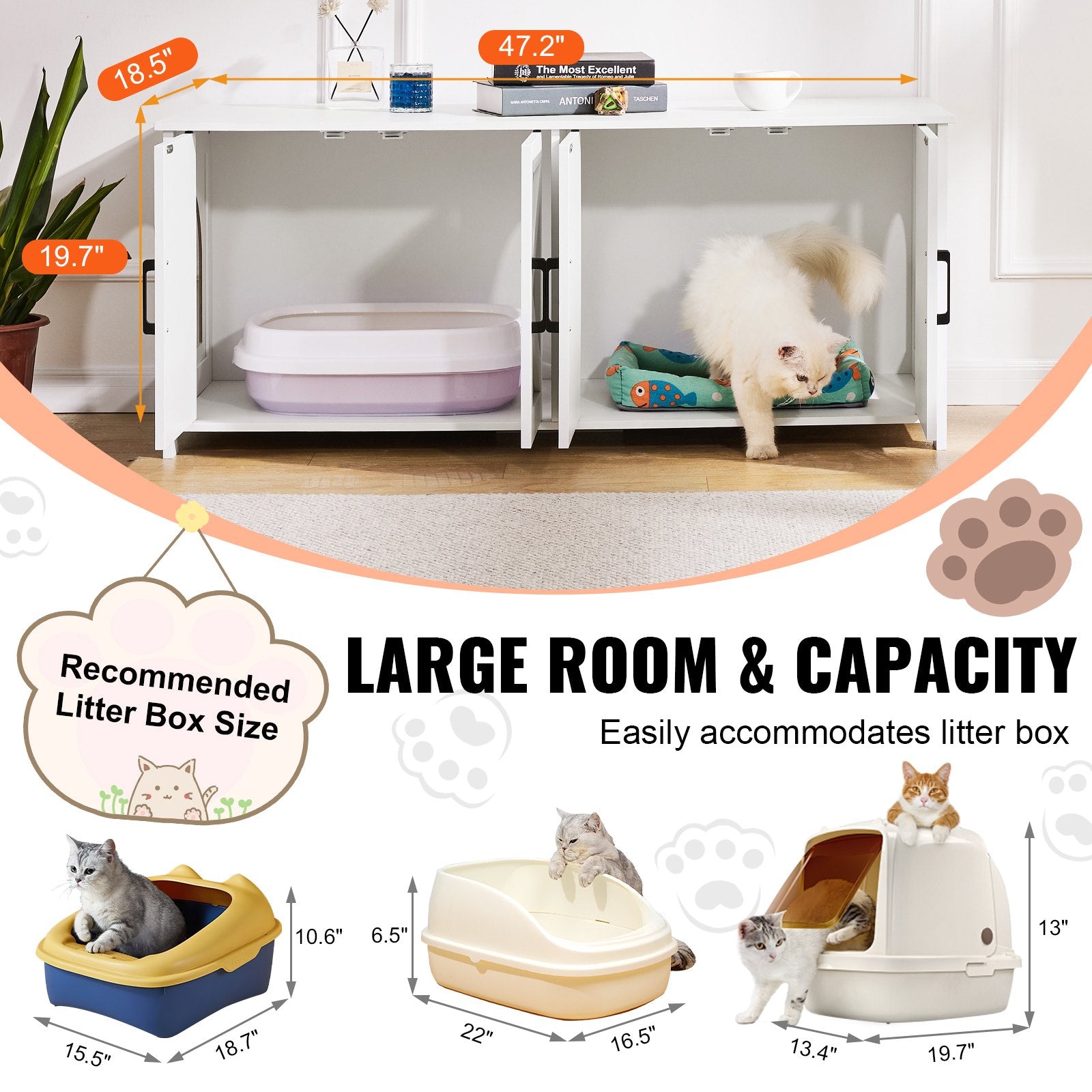 Cat Litter Box Enclosure Wooden Litter Box Furniture Hidden 2 Rooms White V952-JSDMMSPWQ472Z9PLHV0
