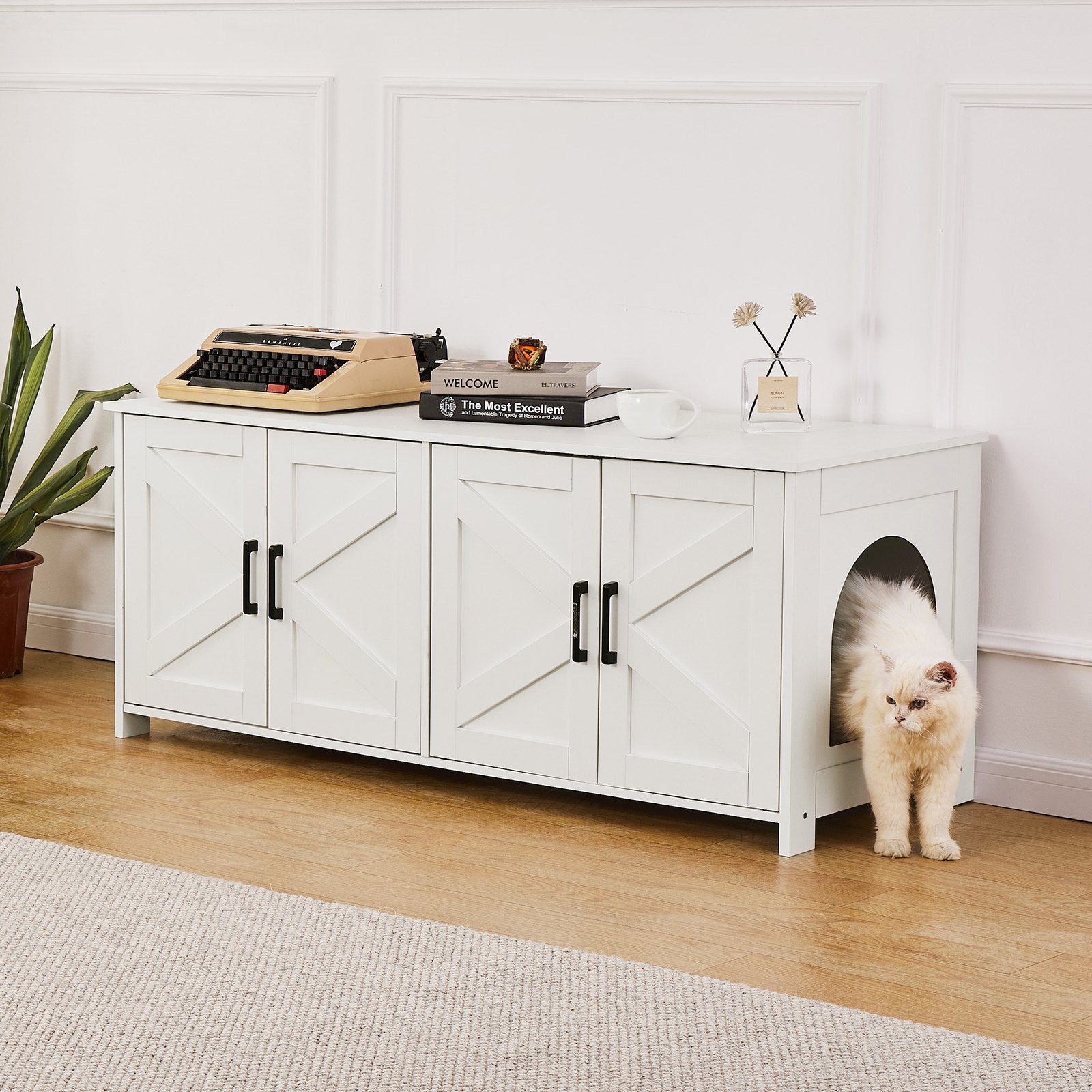 Cat Litter Box Enclosure Wooden Litter Box Furniture Hidden 2 Rooms White V952-JSDMMSPWQ472Z9PLHV0