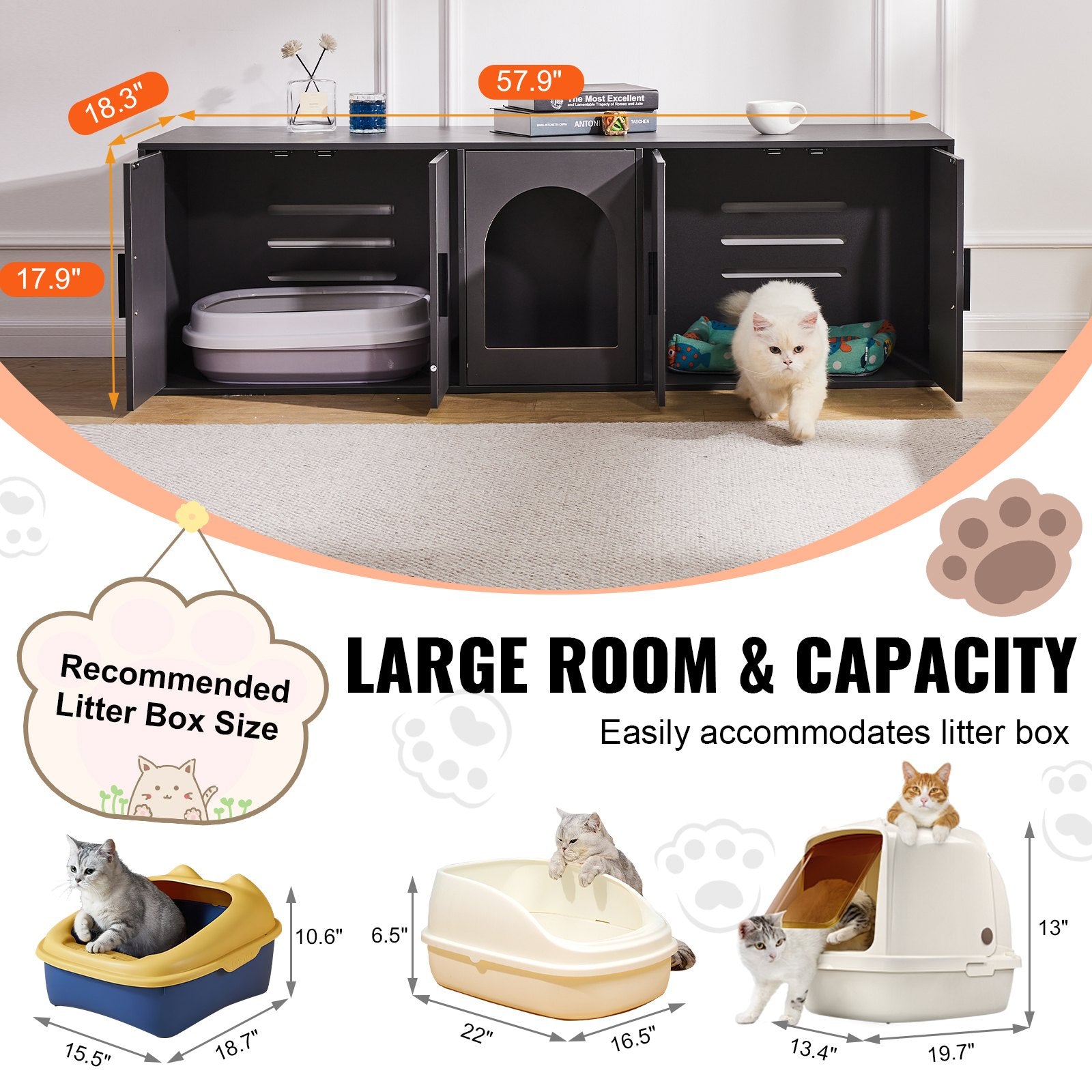 Cat Litter Box Enclosure Wooden Litter Box Furniture Hidden 57.9" Black V952-JSDMMSPWQ57IJ8E5FV0