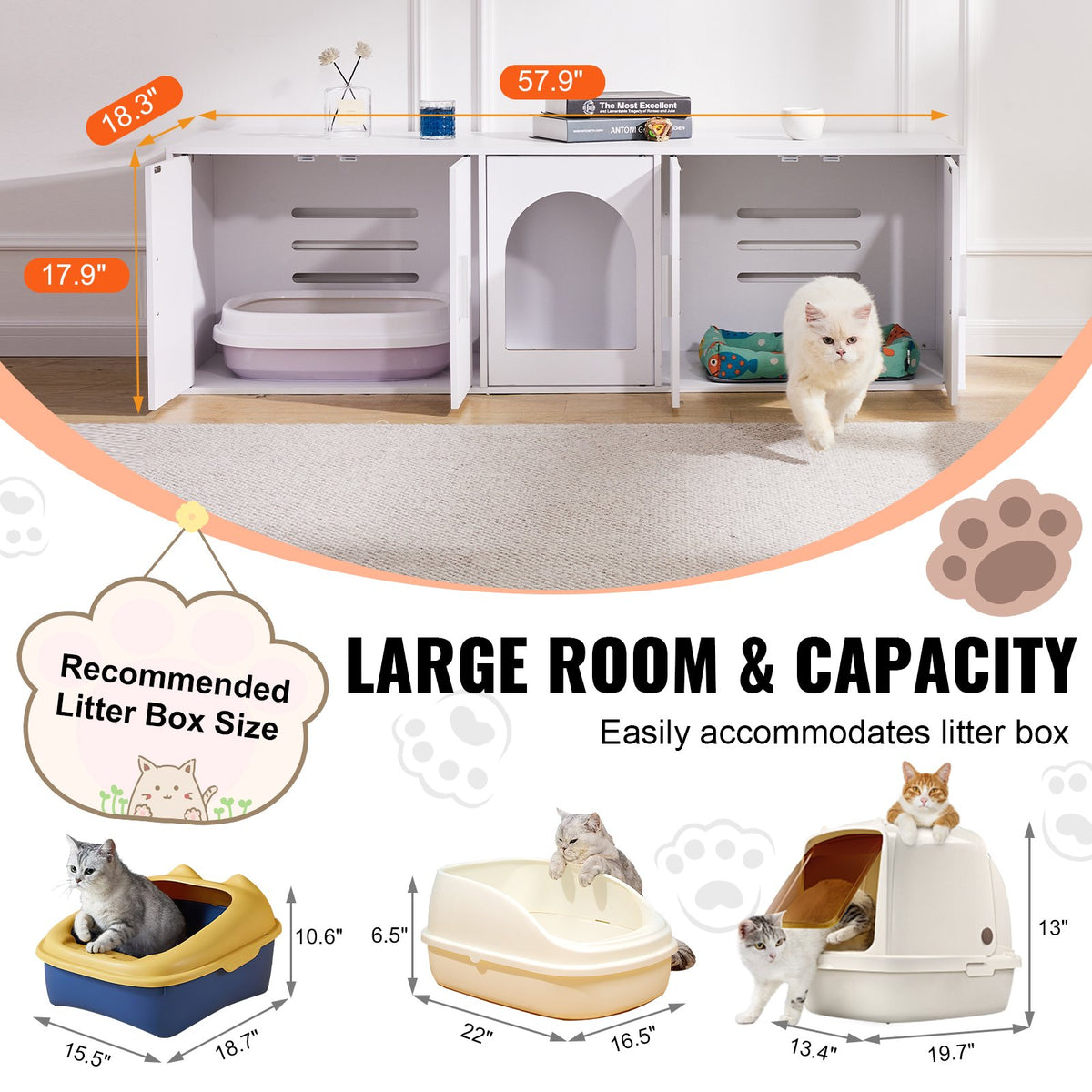 Cat Litter Box Enclosure Wooden Litter Box Furniture Hidden 57.9" White V952-JSDMMSPWQ57IKZ26TV0
