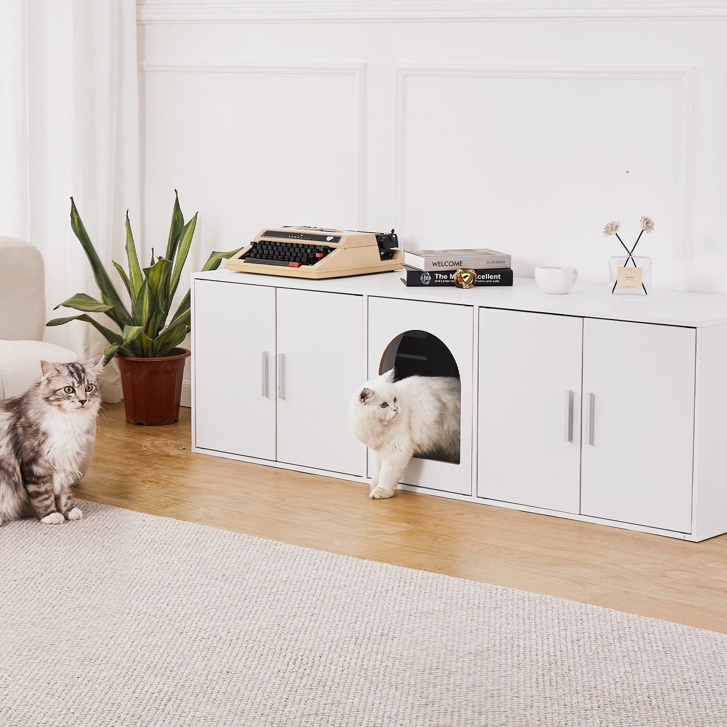 Cat Litter Box Enclosure Wooden Litter Box Furniture Hidden 57.9" White V952-JSDMMSPWQ57IKZ26TV0