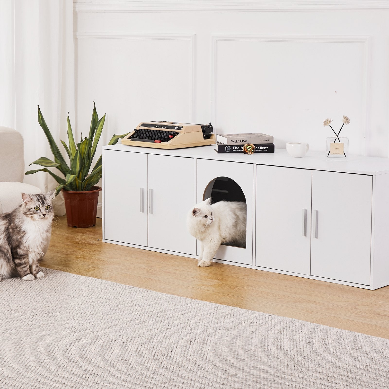 Cat Litter Box Enclosure Wooden Litter Box Furniture Hidden 57.9" White V952-JSDMMSPWQ57IKZ26TV0