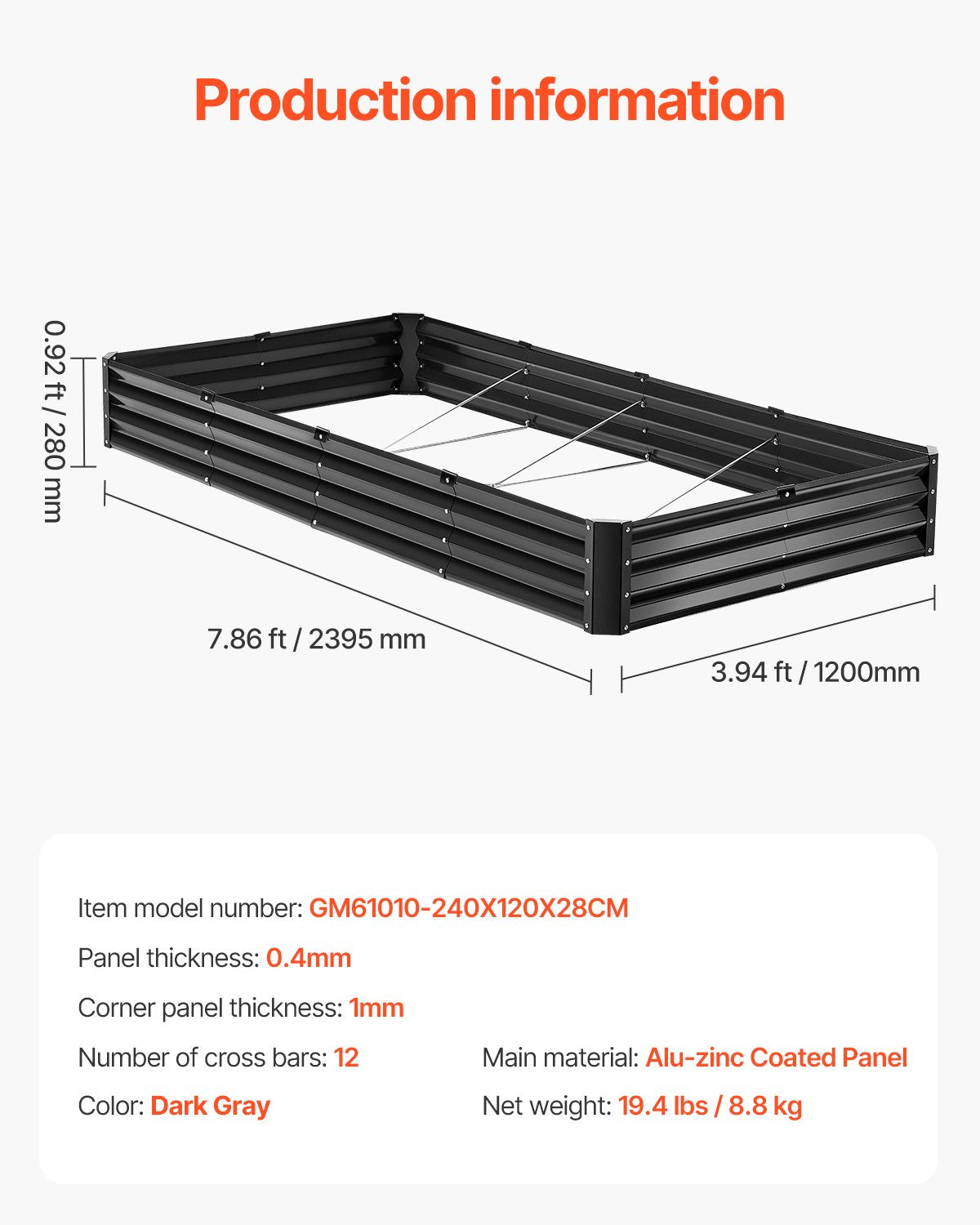 Metal Raised Garden Bed, 8 x 4 x 1 ft Outdoor Galvanized Planter Box, with Open Bottom, Large Planter Raised V952-JSFXZZC841FT6MVQ8V0
