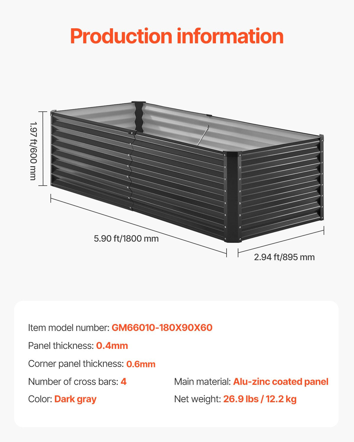 Metal Raised Garden Bed, 6 x 3 x 2 ft Outdoor Galvanized Planter Box, with Open Bottom, Large Planter Raised V952-JSFXZZCZFXSLG0SR1V0