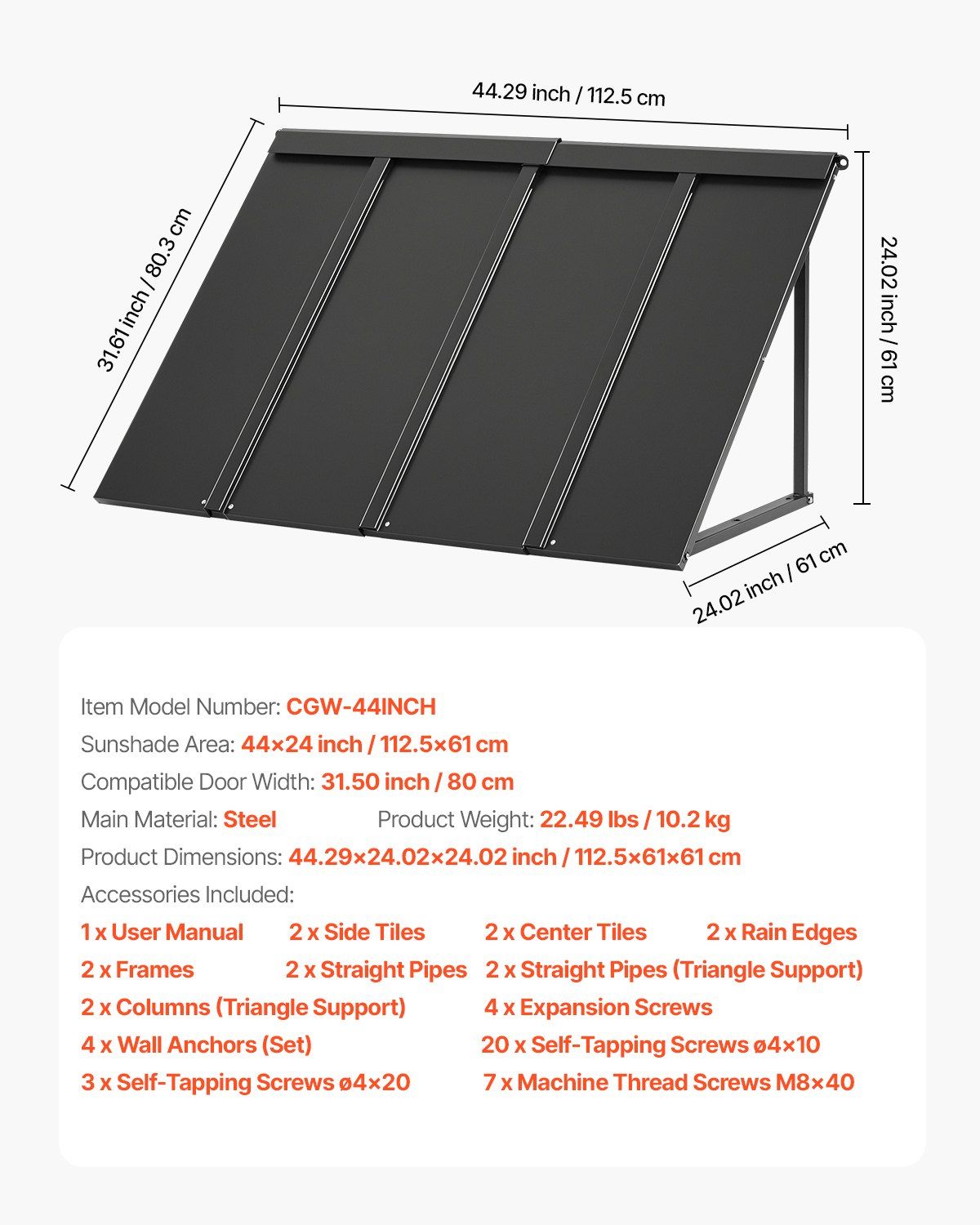 Fixed Metal Awning 1125 x 610 mm, Window Awning Door Canopy, Stable Triangle Steel Frame Awnings for Doors V952-JSGDSZYP44INH0EP0V0