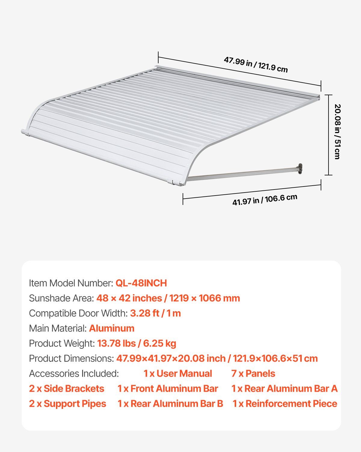 Aluminum Awning 1219 x 1066 mm, Durable Window Awning Door Canopy, Lightweight and Stable Aluminum Exterior V952-JSGDSZYP48IN8SUGTV0