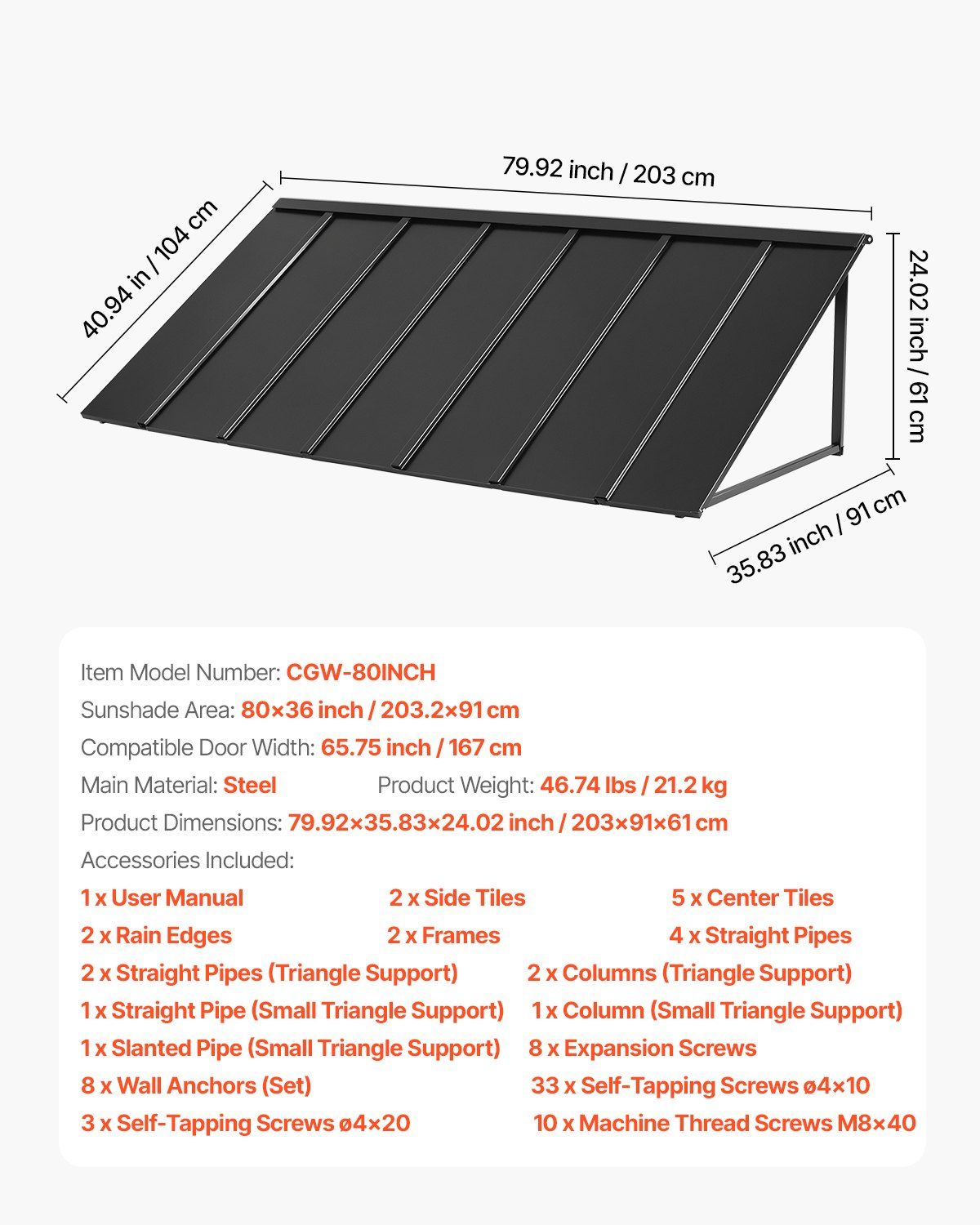 Fixed Metal Awning 2032 x 910 mm, Window Awning Door Canopy, Stable Triangle Steel Frame Exterior Awnings V952-JSGDSZYP80IN4NSY3V0