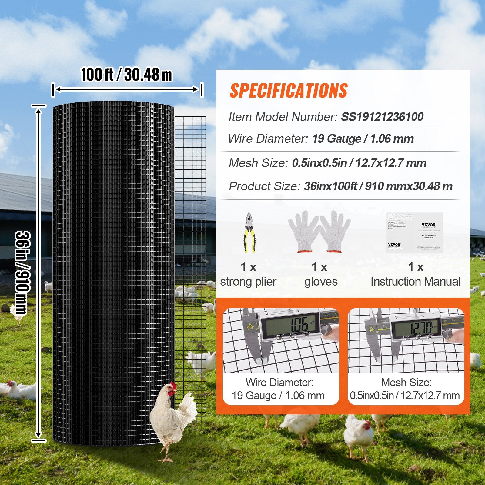 Hardware Cloth, 36'' x 100' Galvanized Wire Mesh Roll, 19 Gauge Chicken Wire Fence Roll, Vinyl Coating Metal V952-JSGSWL36IN10LR9PIV0
