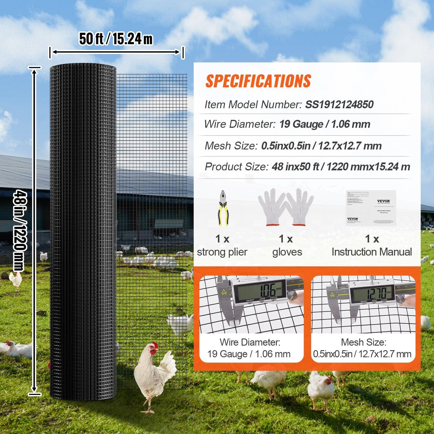 Hardware Cloth, 48'' x 50' Galvanized Wire Mesh Roll, 19 Gauge Chicken Wire Fence Roll, Vinyl Coating Metal V952-JSGSWL48IN50LQO4LV0