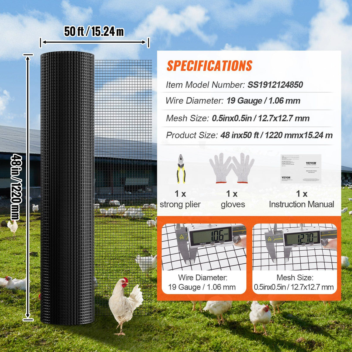 Hardware Cloth, 48'' x 50' Galvanized Wire Mesh Roll, 19 Gauge Chicken Wire Fence Roll, Vinyl Coating Metal V952-JSGSWL48IN50LQO4LV0