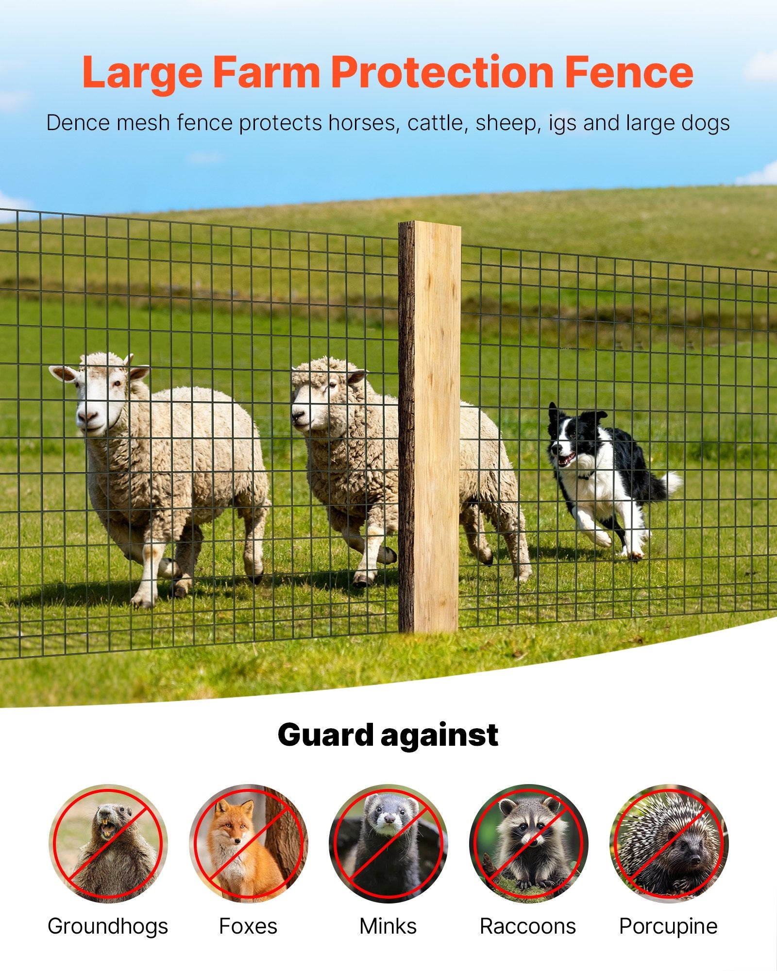 Farm Fence, 122cm x 15.2m, 2 x 4 in Mesh 14 Gauge Galvanized Steel Wire Fencing for Cattle, Hog & Sheep , V952-JSGSWL48IN50UQH44001V0