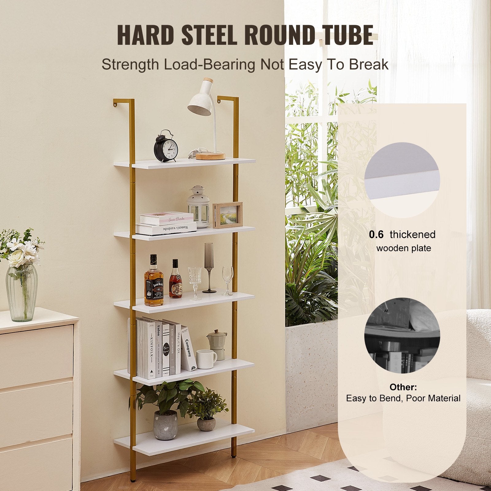 Industrial Square Pipe Shelf 5 Tier 64x30x182.5cm Wall-Mount Gold White V952-JSGZWJFGHMBJJLPOLV0