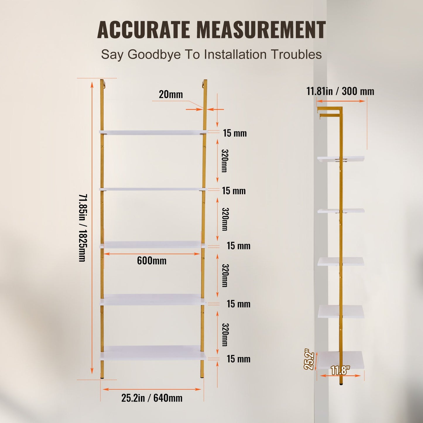 Industrial Square Pipe Shelf 5 Tier 64x30x182.5cm Wall-Mount Gold White V952-JSGZWJFGHMBJJLPOLV0