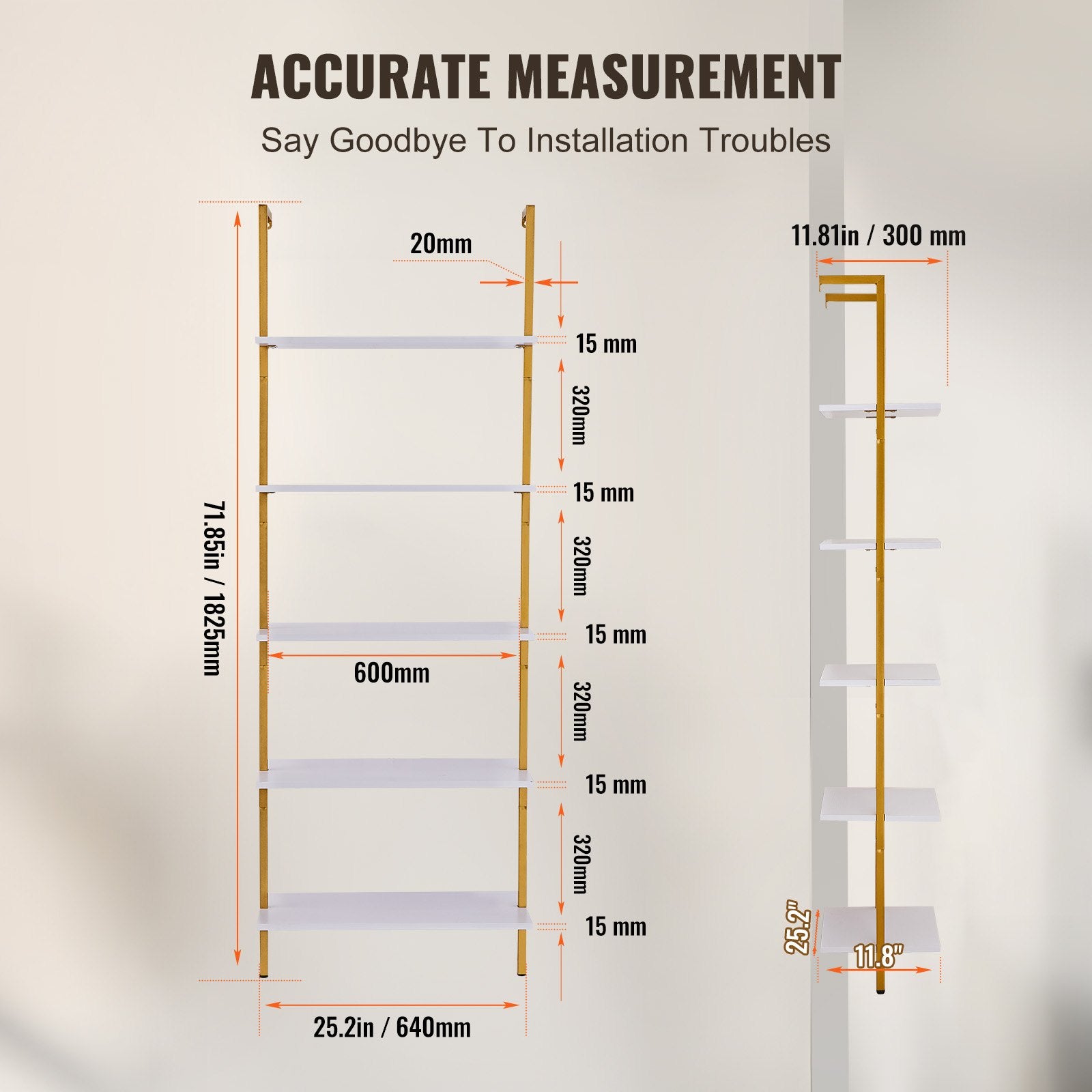 Industrial Square Pipe Shelf 5 Tier 64x30x182.5cm Wall-Mount Gold White V952-JSGZWJFGHMBJJLPOLV0