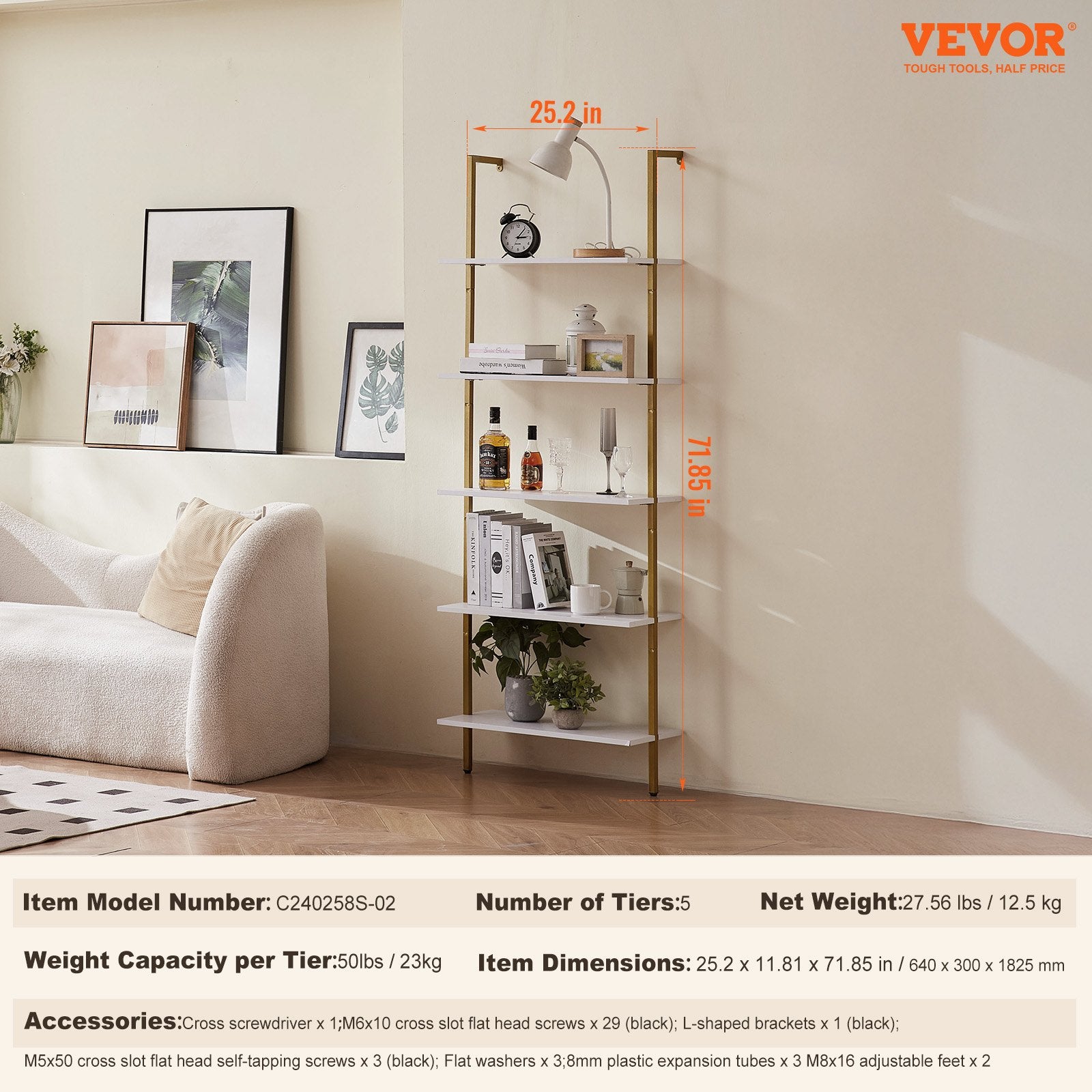 Industrial Square Pipe Shelf 5 Tier 64x30x182.5cm Wall-Mount Gold White V952-JSGZWJFGHMBJJLPOLV0