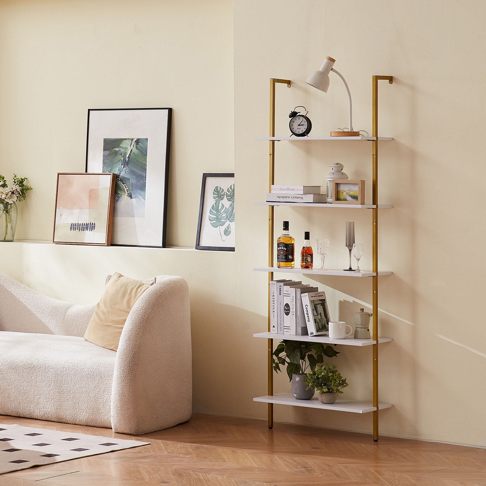 Industrial Square Pipe Shelf 5 Tier 64x30x182.5cm Wall-Mount Gold White V952-JSGZWJFGHMBJJLPOLV0