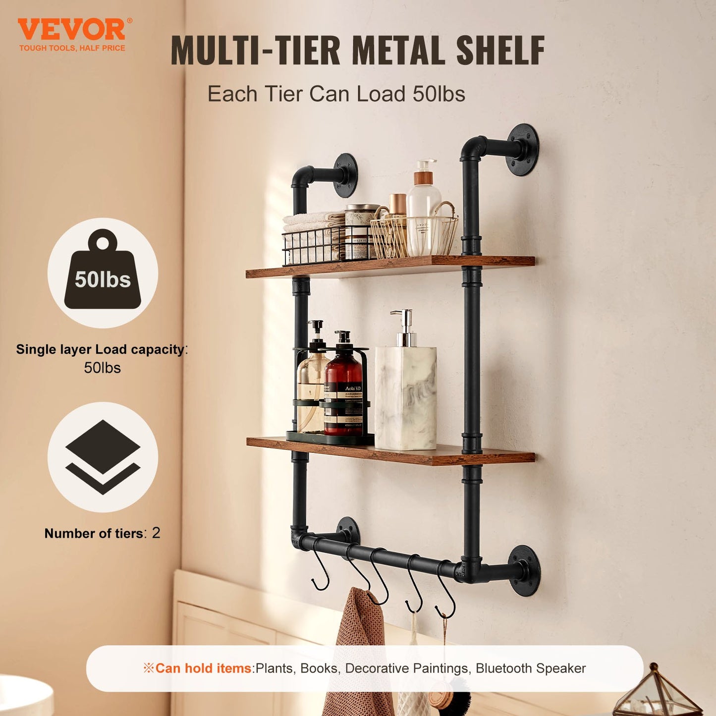 Industrial Pipe Shelf 2 Tier 24x7.87in Wall-Mount for Kitchen Bedroom V952-JSGZWJYGHMBH4NV3QV0