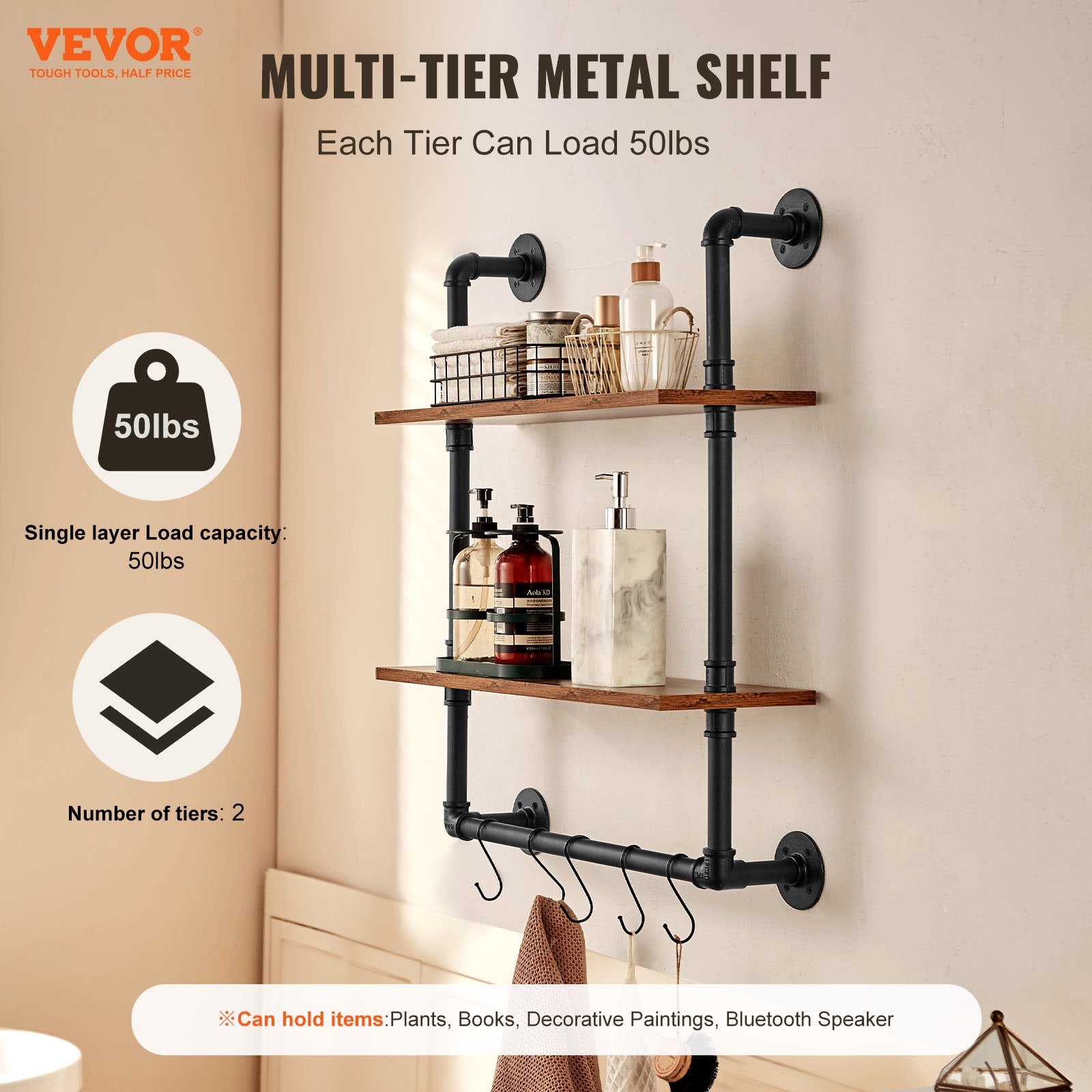 Industrial Pipe Shelf 2 Tier 24x7.87in Wall-Mount for Kitchen Bedroom V952-JSGZWJYGHMBH4NV3QV0