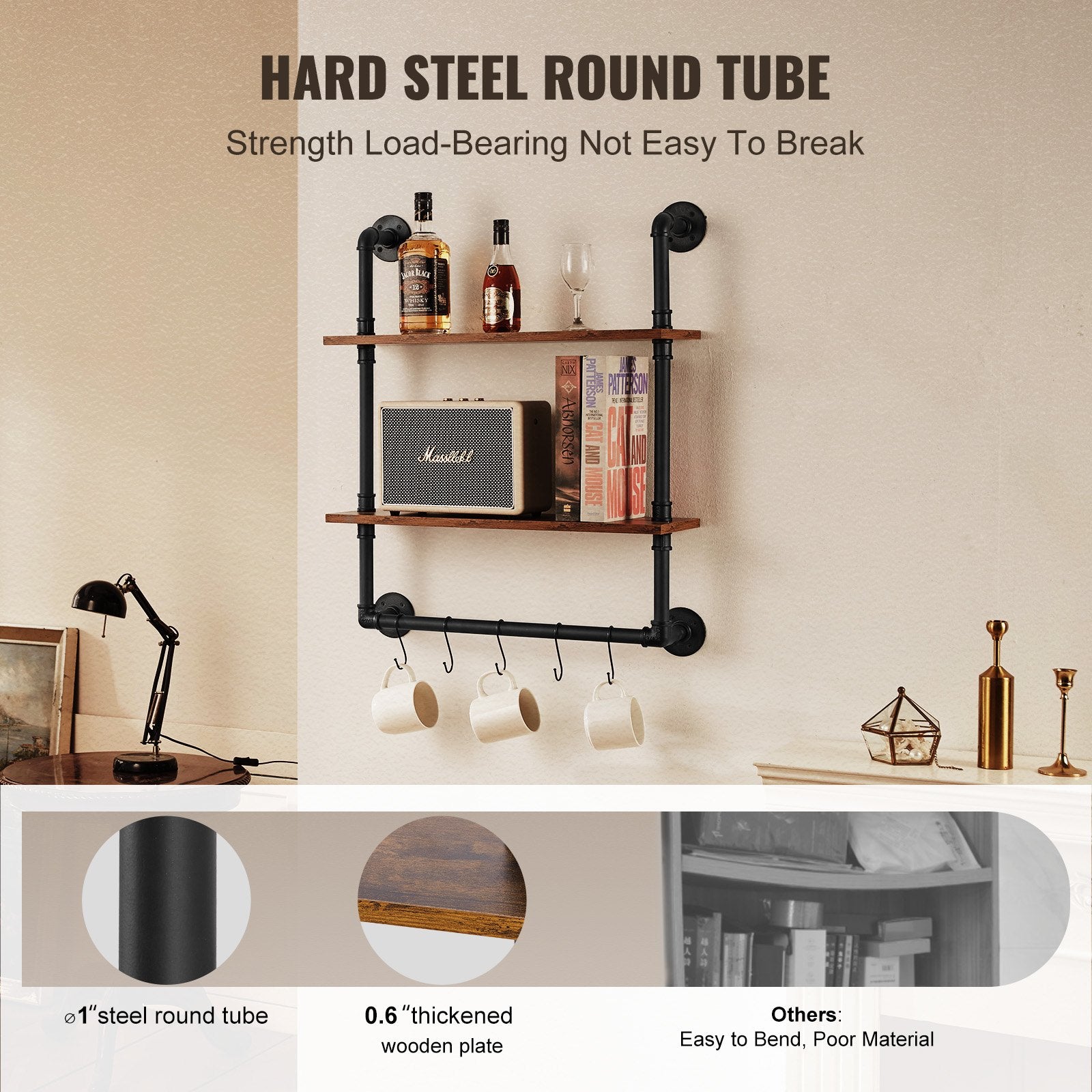 Industrial Pipe Shelf 2 Tier 24x7.87in Wall-Mount for Kitchen Bedroom V952-JSGZWJYGHMBH4NV3QV0