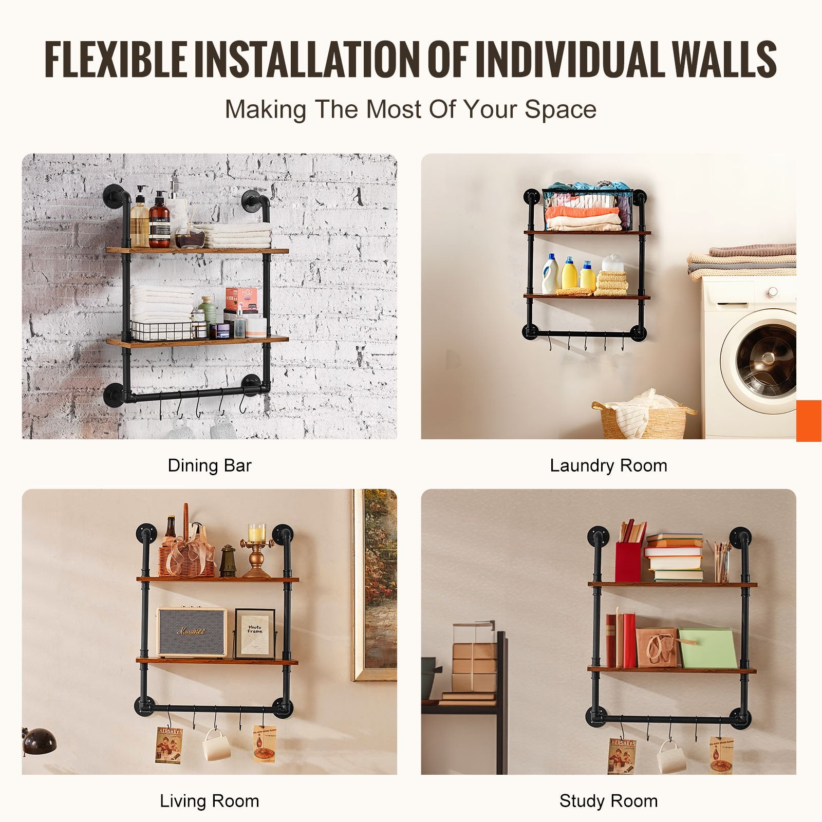 Industrial Pipe Shelf 2 Tier 24x7.87in Wall-Mount for Kitchen Bedroom V952-JSGZWJYGHMBH4NV3QV0