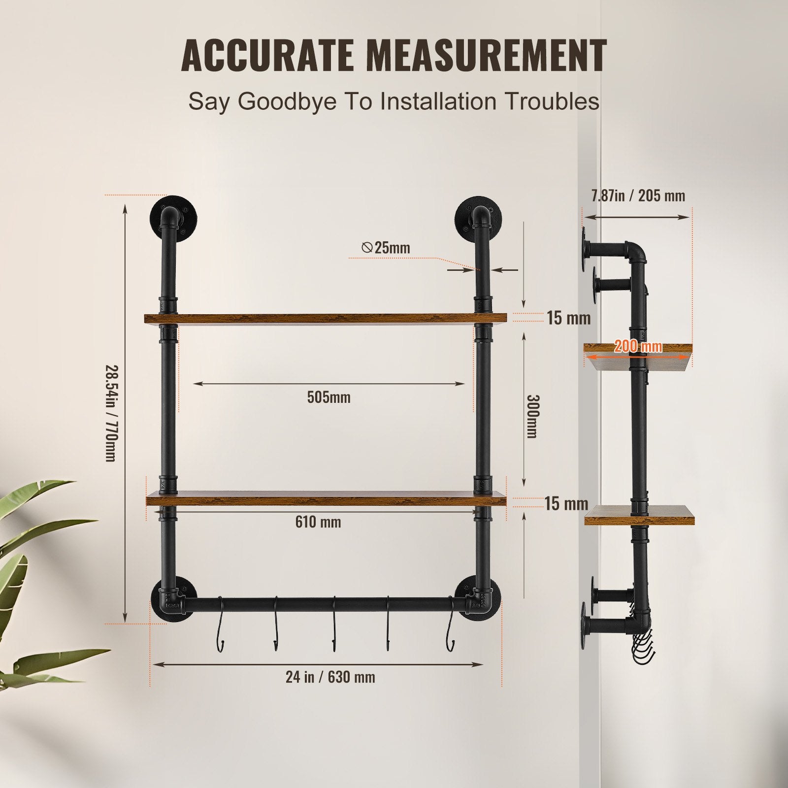 Industrial Pipe Shelf 2 Tier 24x7.87in Wall-Mount for Kitchen Bedroom V952-JSGZWJYGHMBH4NV3QV0