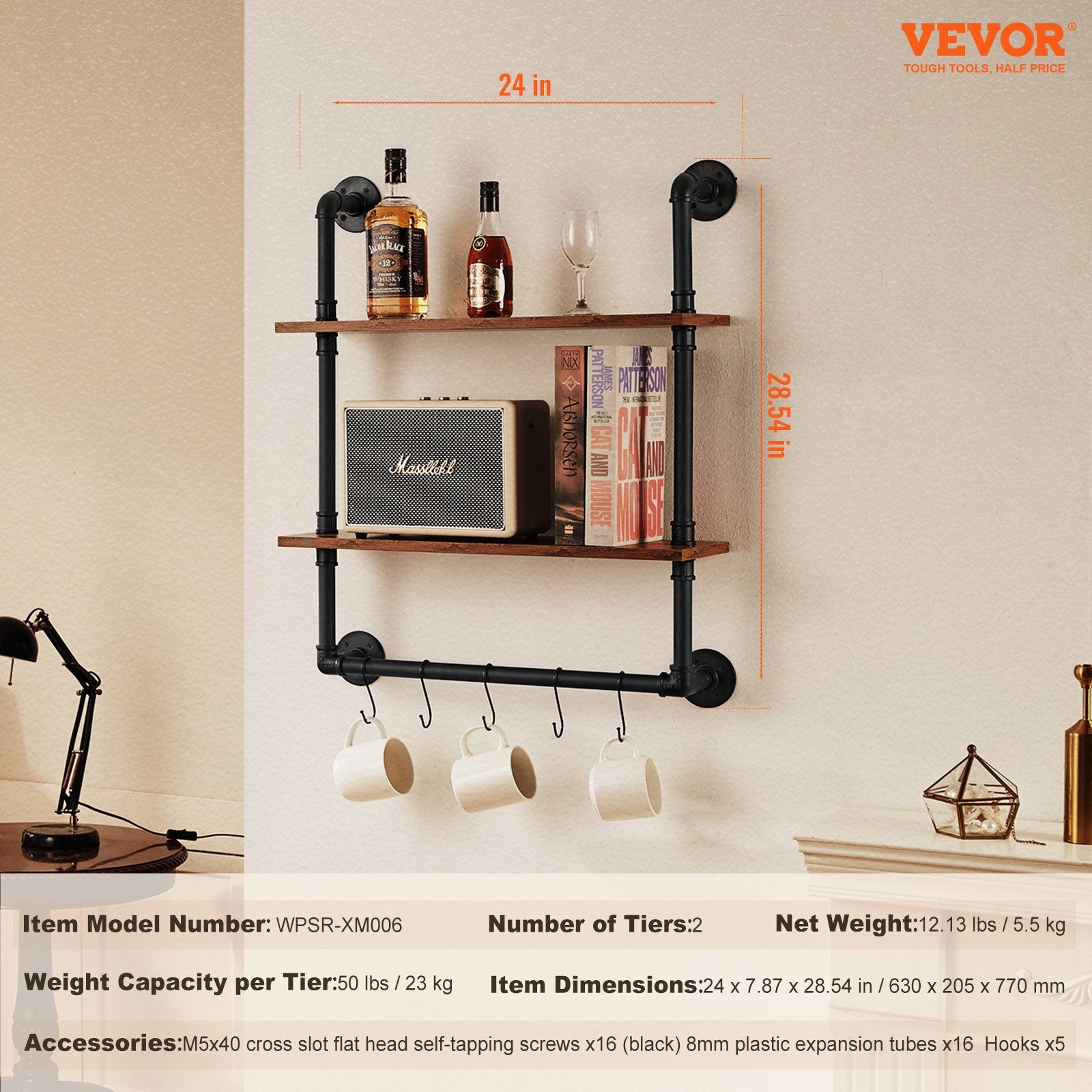 Industrial Pipe Shelf 2 Tier 24x7.87in Wall-Mount for Kitchen Bedroom V952-JSGZWJYGHMBH4NV3QV0