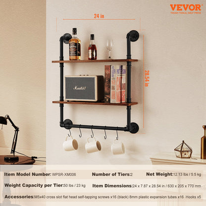 Industrial Pipe Shelf 2 Tier 24x7.87in Wall-Mount for Kitchen Bedroom V952-JSGZWJYGHMBH4NV3QV0