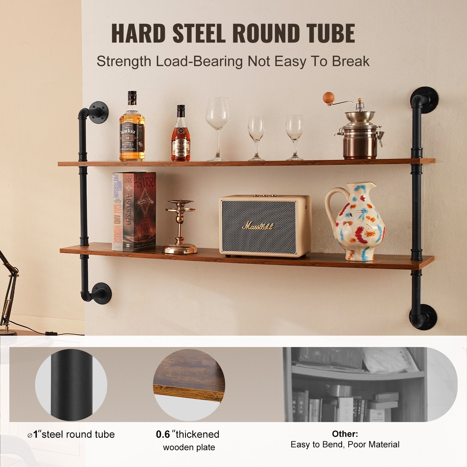 Industrial Pipe Shelf 2 Tier 48x 9.84in Wall-Mount for Kitchen Bedroom V952-JSGZWJYGHMBHUPSZIV0